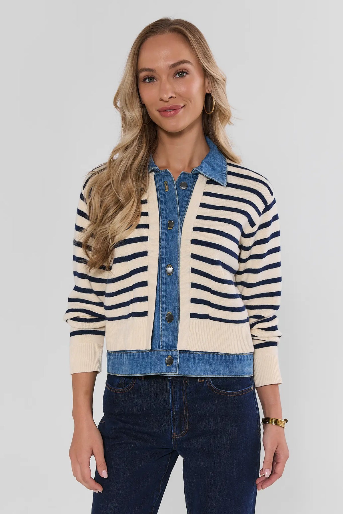 Ivory Navy Striped Denim Trim Cardigan - Front View On Model | Avara