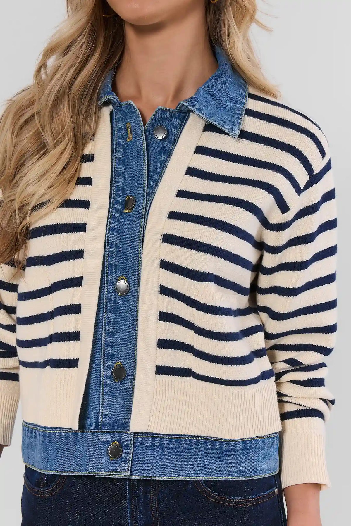 Denim Trim Cardigan Close-Up Detail - Knit Stripe and Button Front | Avara
