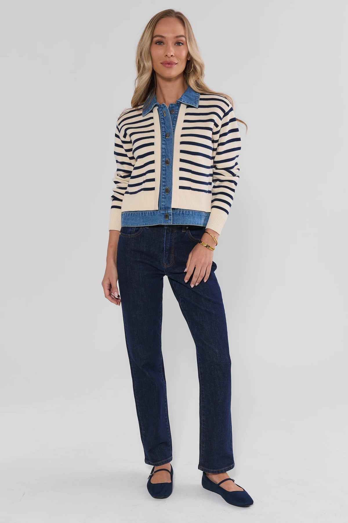 Ivory Striped Denim Trim Cardigan - Full Length Front View Styled with Dark Jeans | Avara