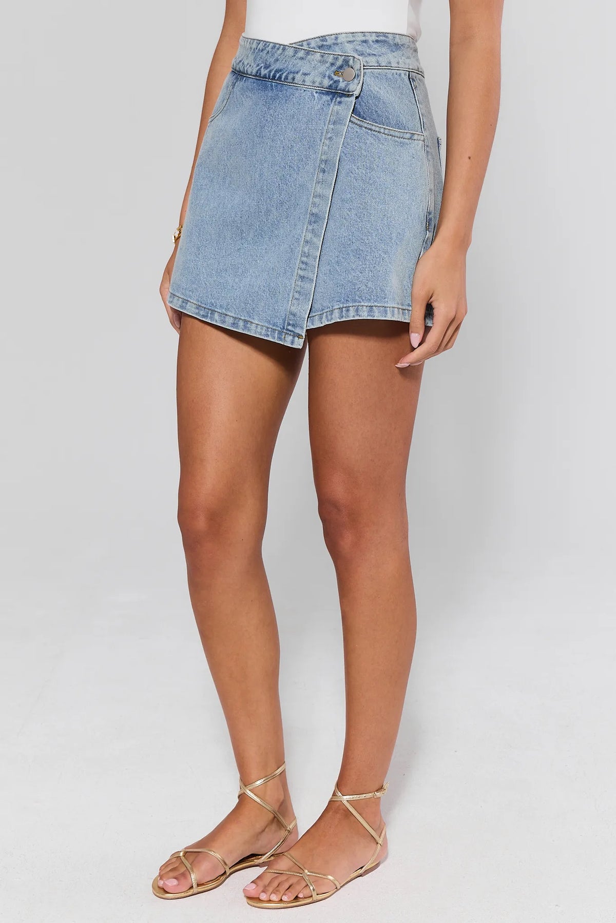 Light Blue Jean Wrap Skort - Side Profile View Showing Wrap Front Detail On Model | Avara