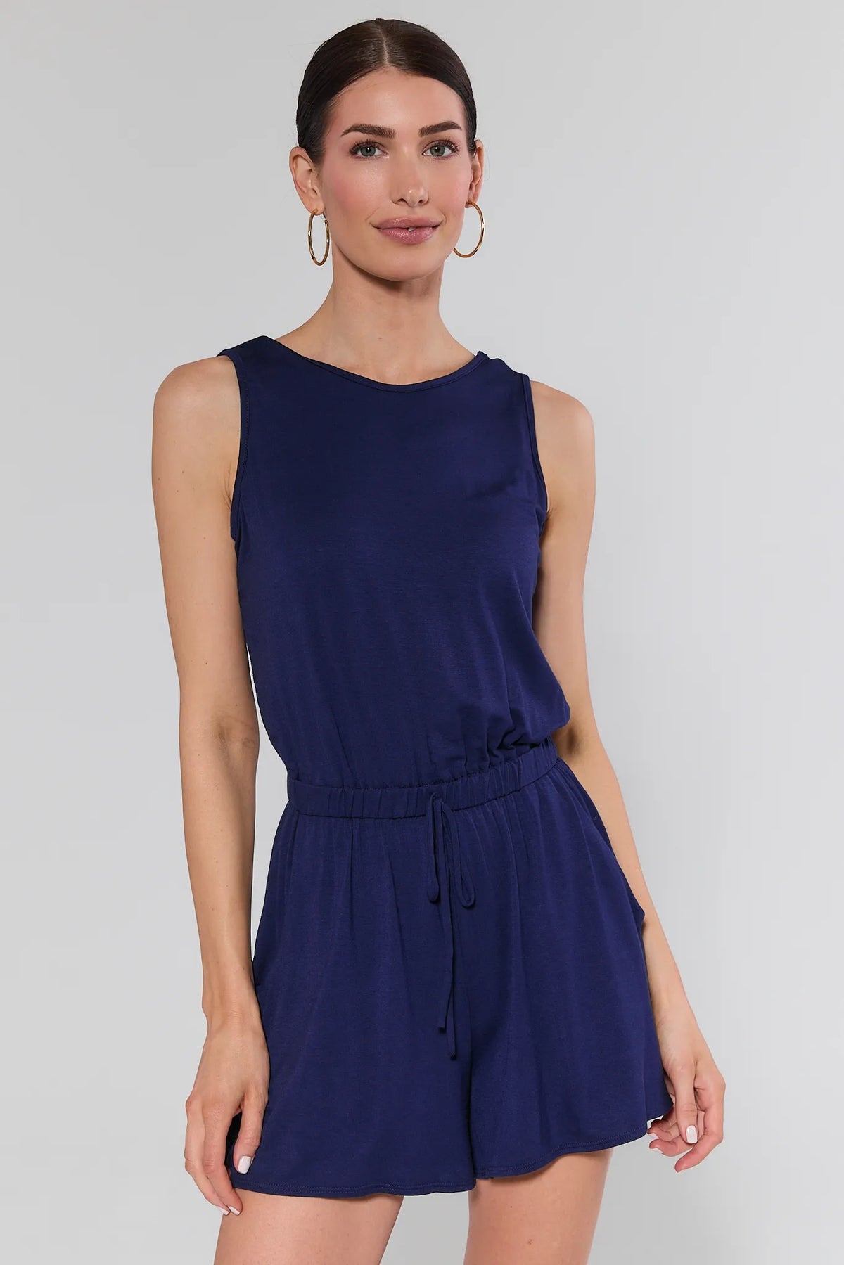 Heidi Navy Drawstring Romper - Front View, Sleeveless Navy Blue Romper with Elastic Waist | Avara