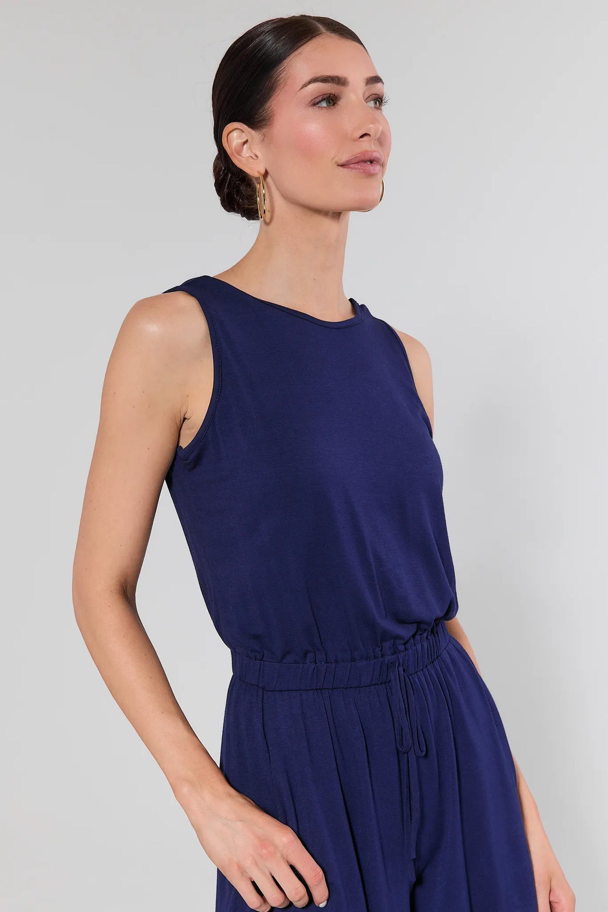 Heidi Navy Blue Romper - Side Close-Up, Scoop Neck & Drawstring Waist Detail | Avara