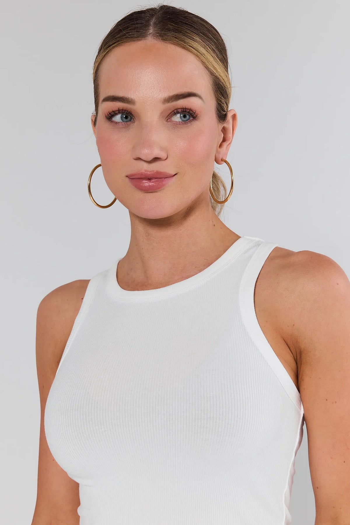 Allie White Ribbed Tank Top - Close-Up Detail, high neckline and ribbed texture of plain white ribbed top | Avara