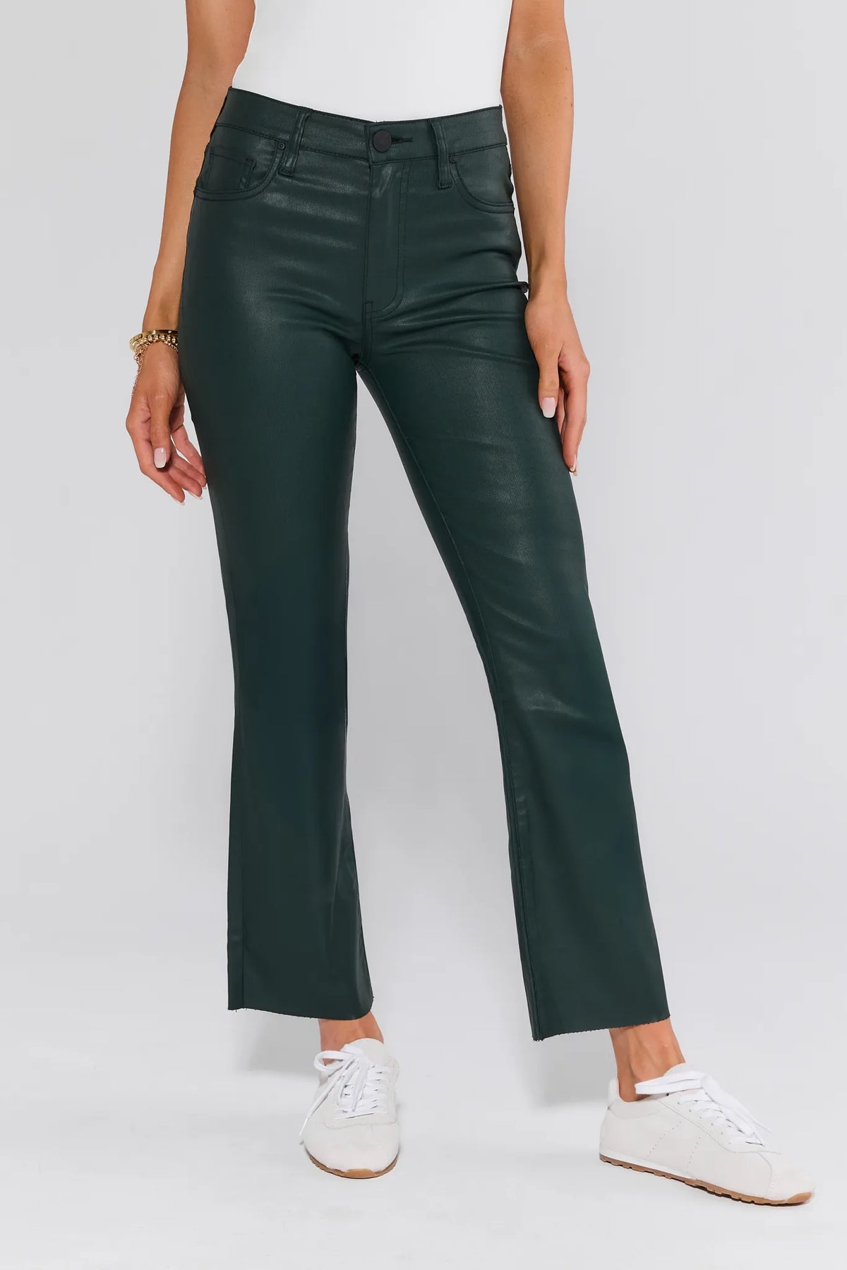 Forest green wax-coated Kelsey Kick Flare Jeans by KUT from the Kloth - Front View | Avara