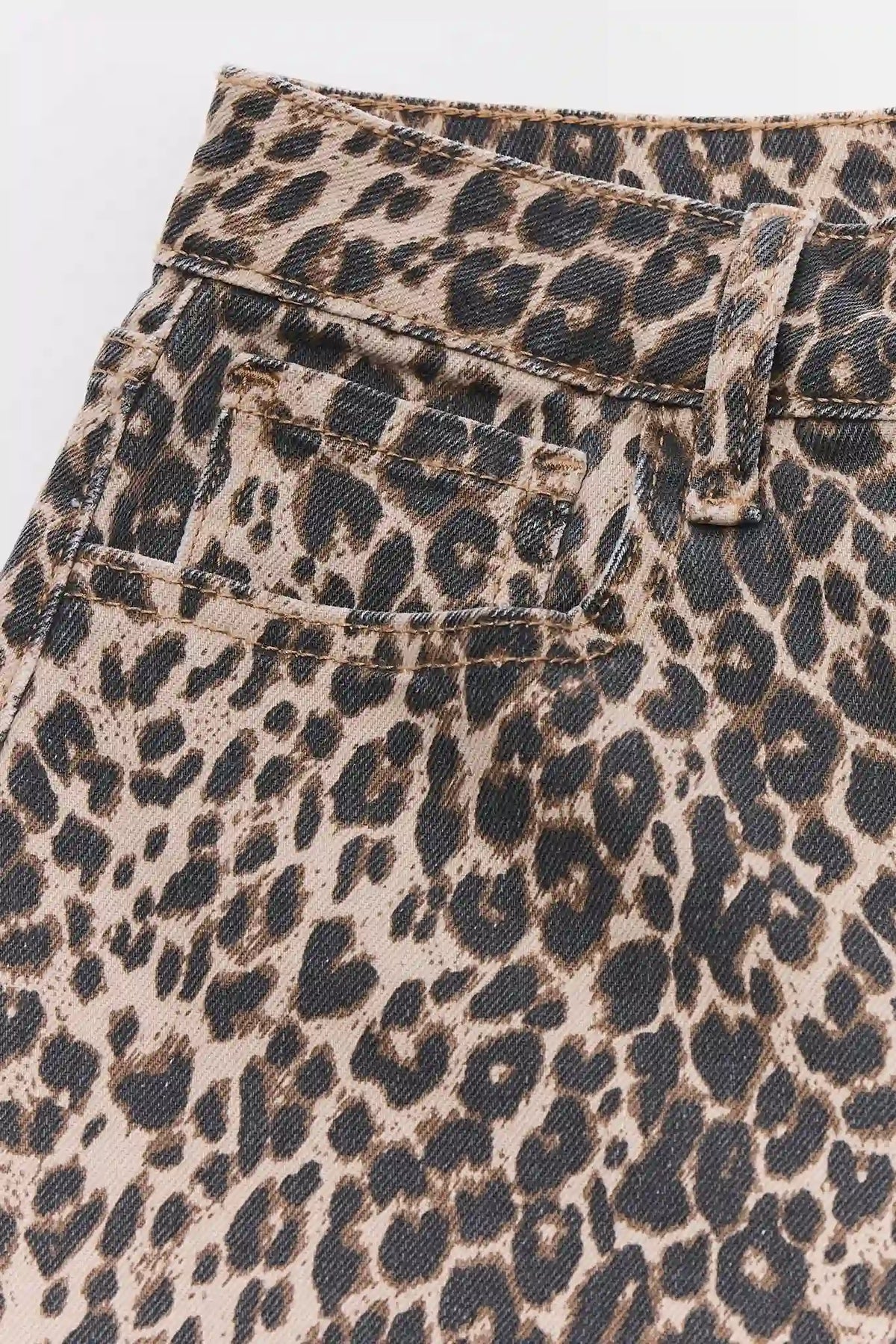 Leopard Print Denim Barrel Jeans - Waistband & Front Pocket Close-Up Detail | Avara