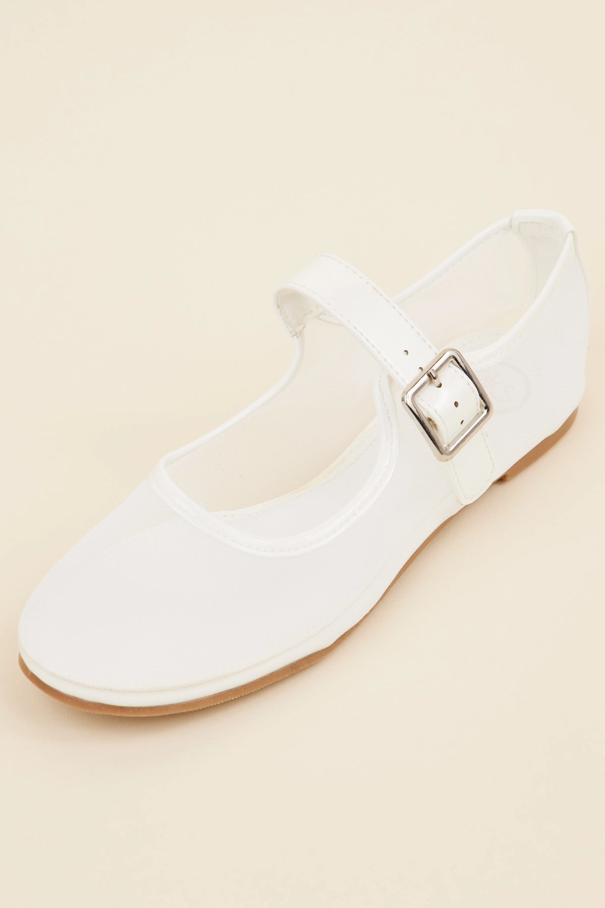 Clarissa White Mesh Flats - Single Shoe Side View, Mary Jane strap with silver buckle and rubber sole | Avara