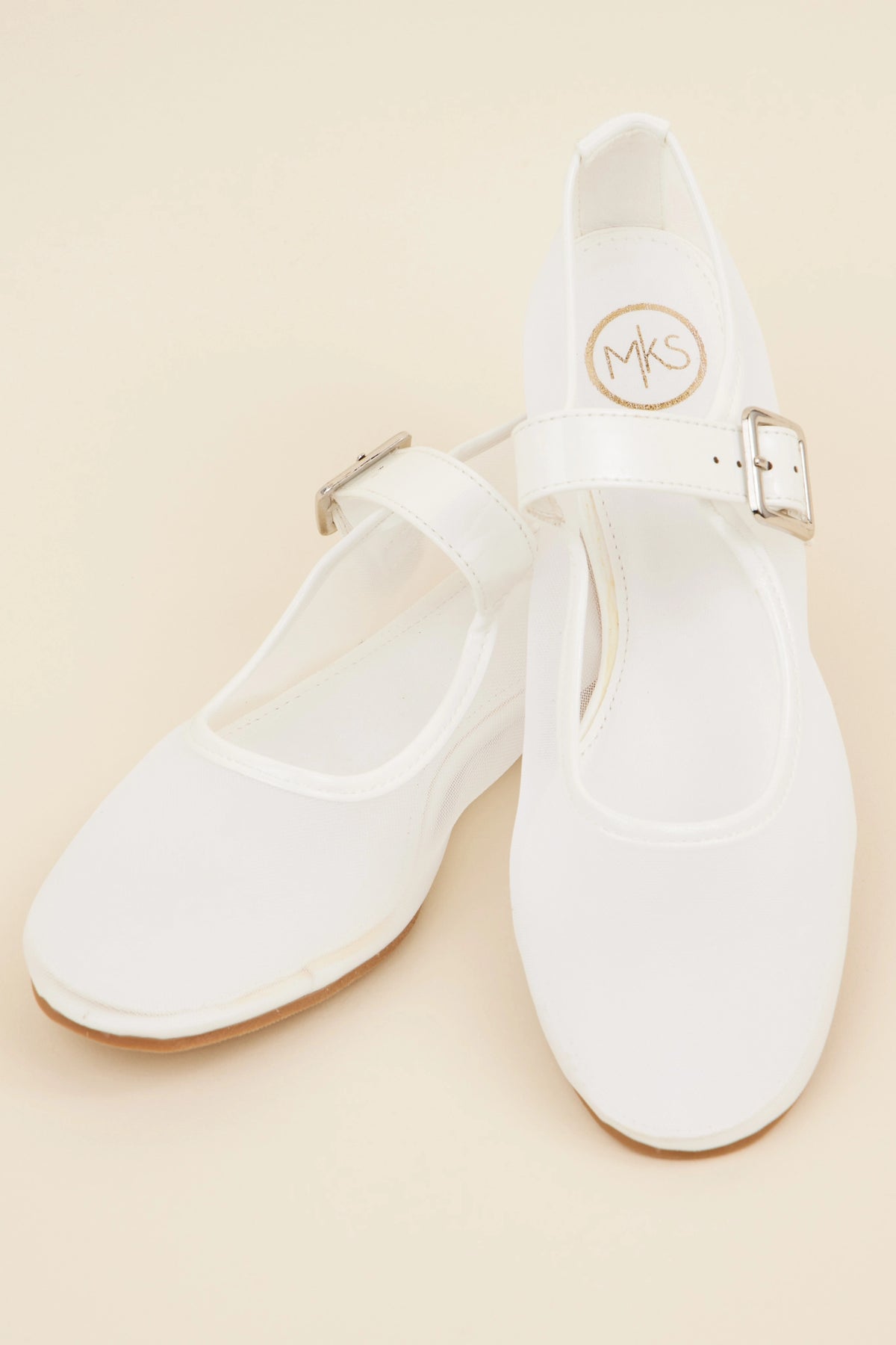 Clarissa White Mesh Flats - Top View Pair Showing MKS Logo Insole, Mary Jane style with silver buckle strap | Avara