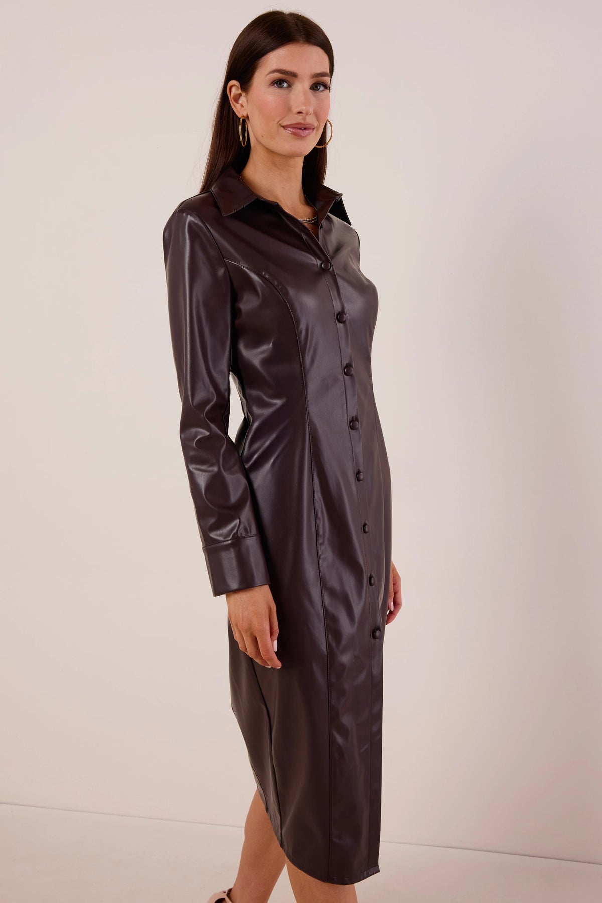 Rena Brown Faux Leather Long Sleeve Dress, tailored seams, pointed collar, gold hoops - Side Profile | Avara