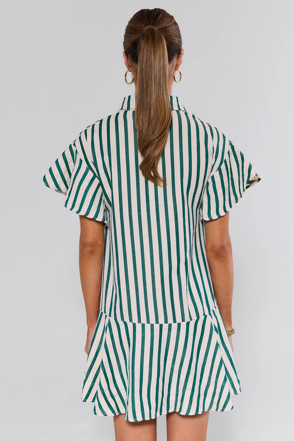 Daniella Green Striped Short Dress with drop-waist tiered hem - Back View | Avara