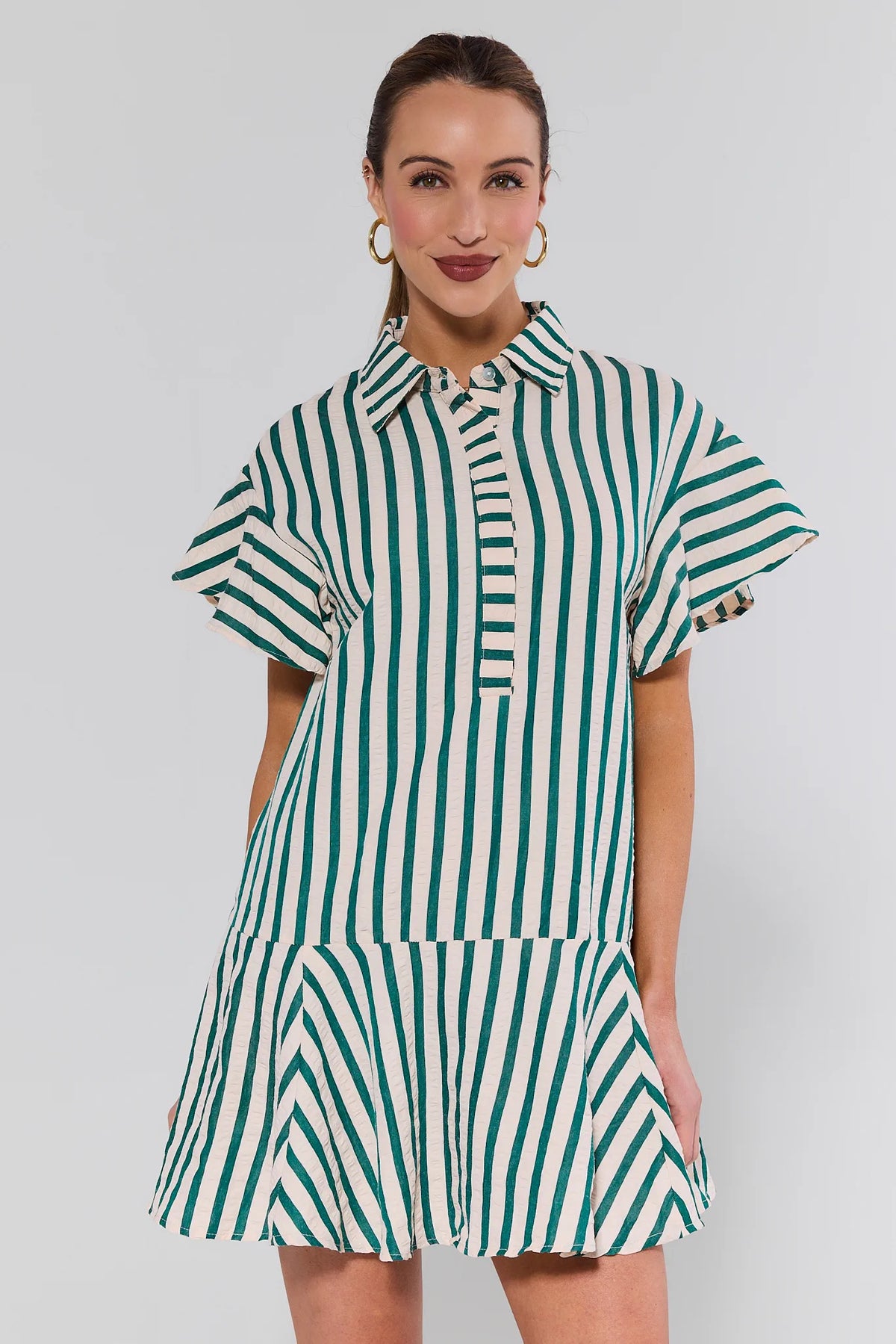 Daniella Green Striped Short Dress with collared neckline and flutter sleeves - Front View | Avara