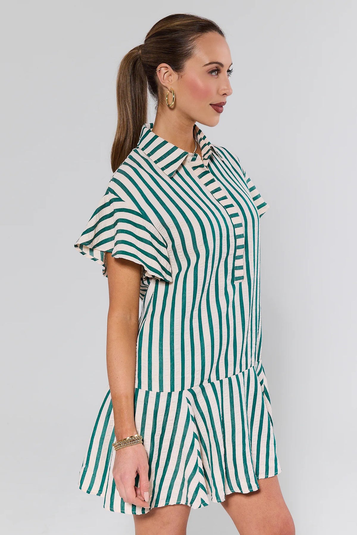 Daniella Green Striped Short Dress showing flutter sleeves and tiered skirt - Side Profile | Avara