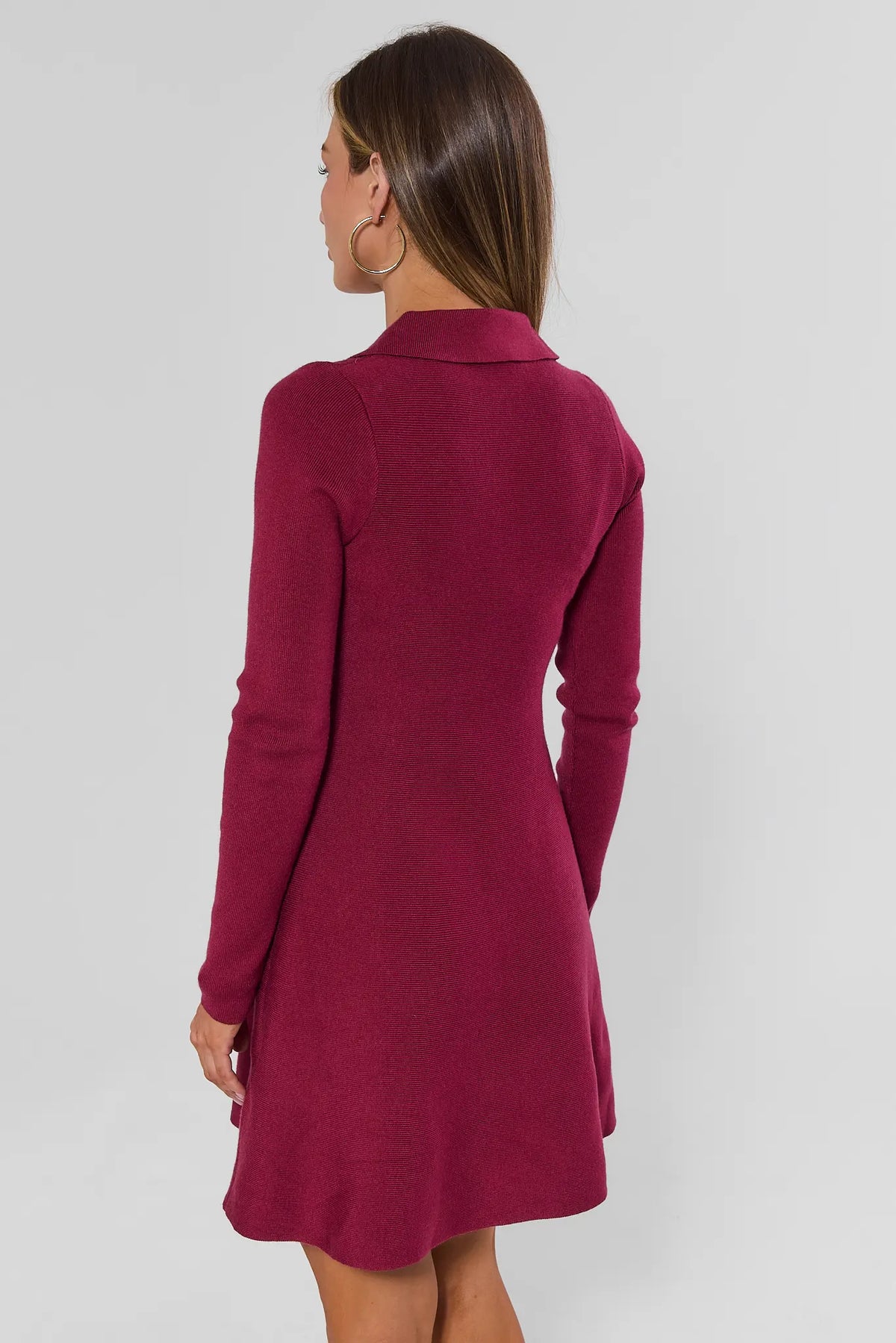 Burgundy Ribbed Knit Mini Dress - Back View, Long Sleeve A-Line | Avara