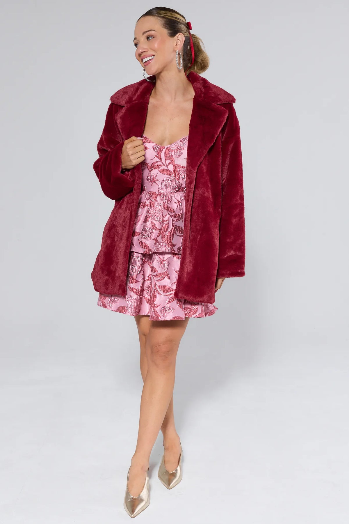 Pink Brocade Mini Dress Styled with Burgundy Faux Fur Coat and Gold Heels - Holiday Party Look | Avara