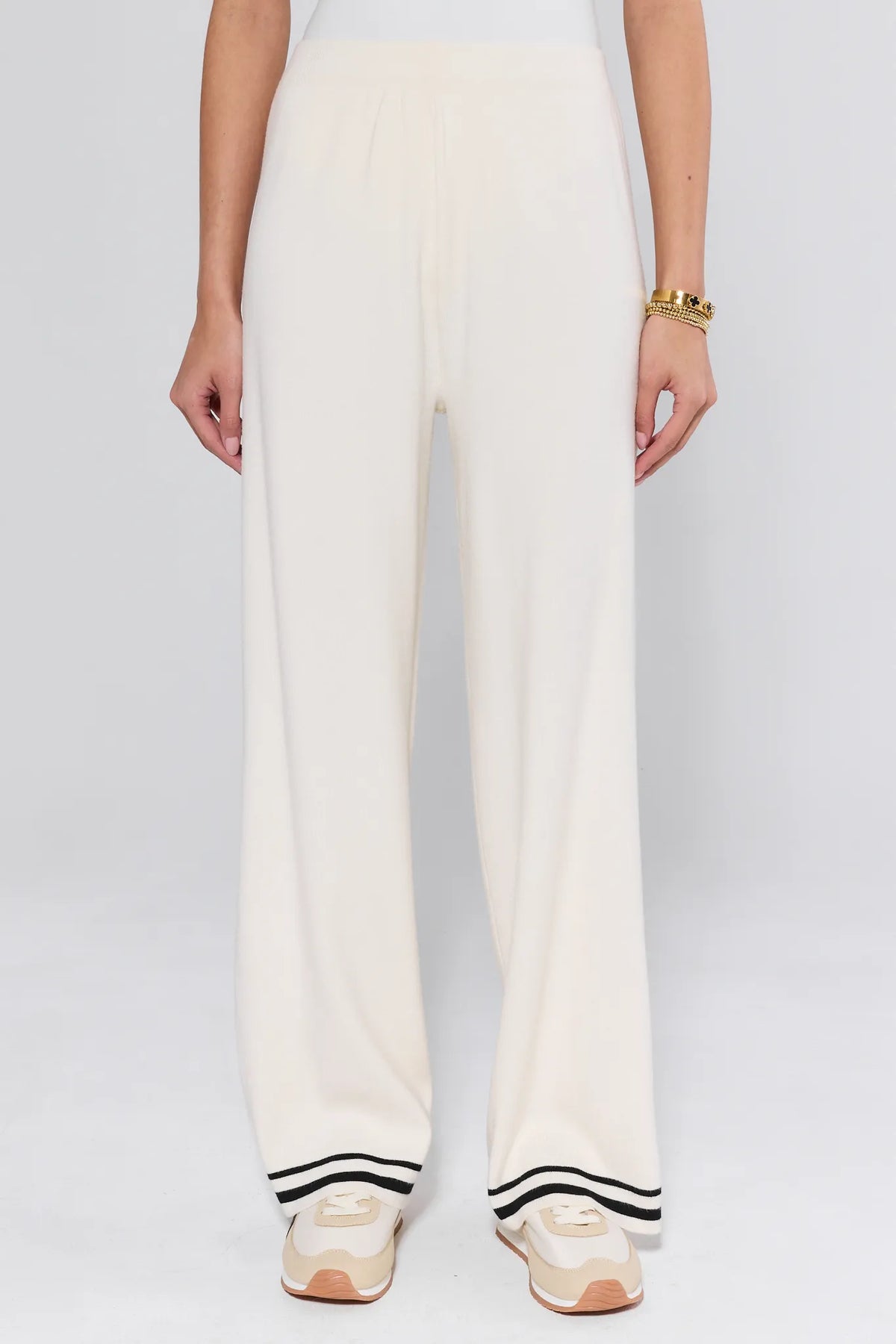Lexie Ivory Knit Wide-Leg Pants front view with black double-stripe hem, elastic waistband, and lightweight knit - Front View | Avara