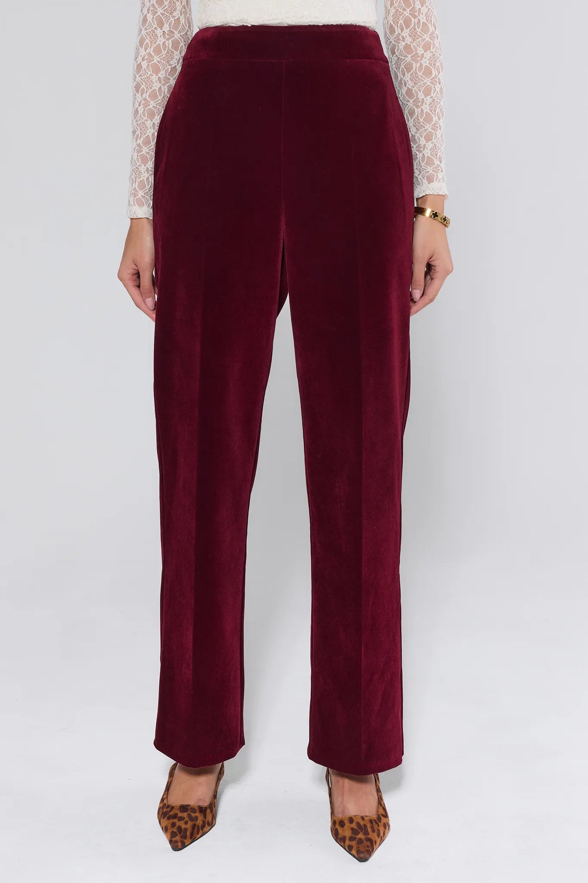 Evie Cranberry Velvet Pants - Front View, High-Waist Trouser On Model | Avara