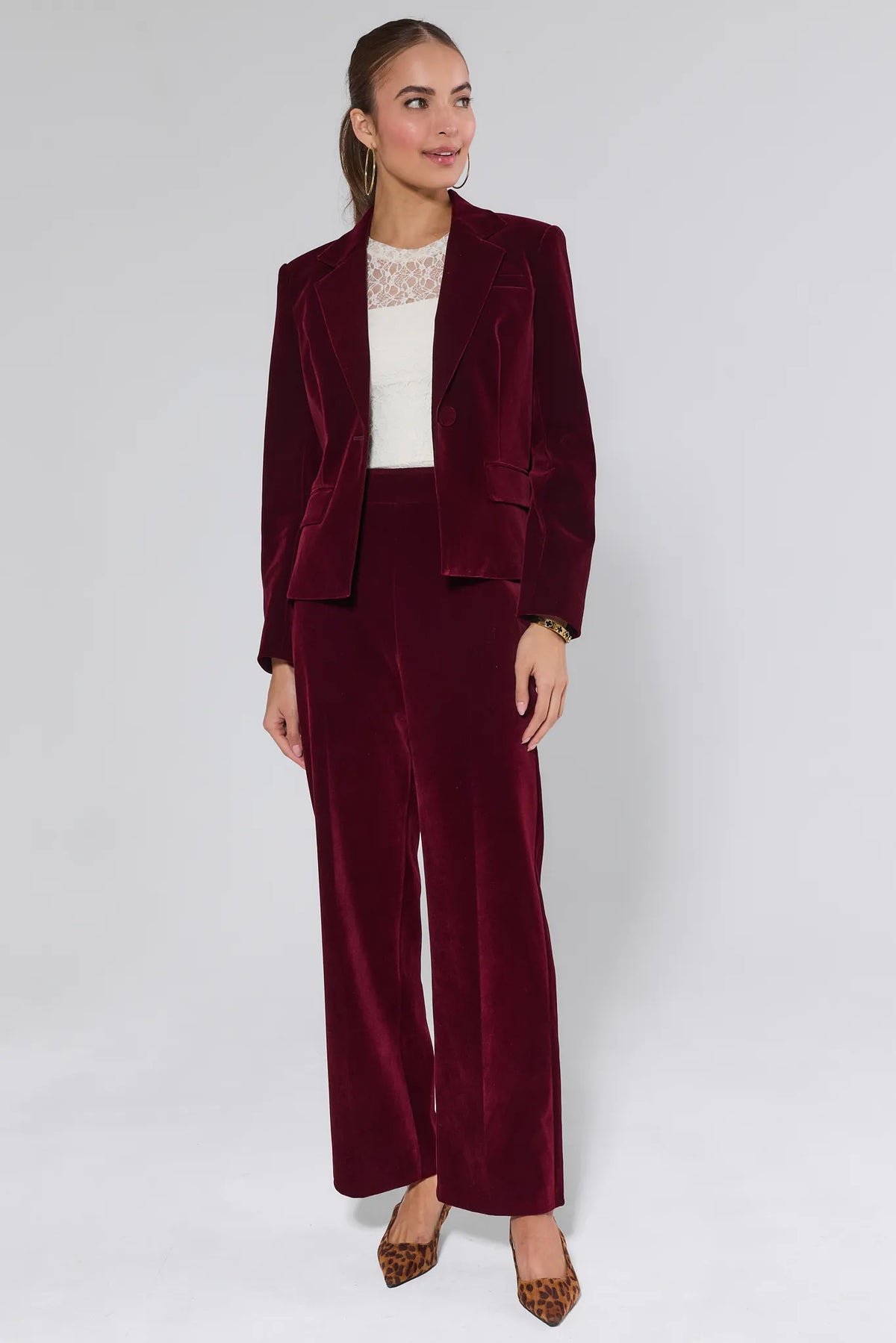 Evie Cranberry Velvet Pants styled with matching blazer - Full Length Outfit | Avara