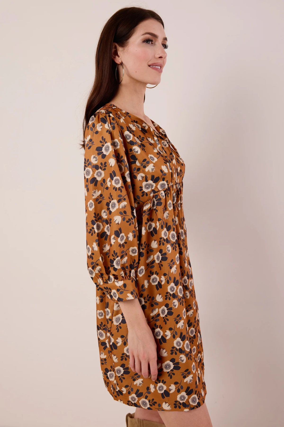 Rust Floral Susie Short Dress - Side Profile View, 3/4 puff sleeves, modest floral print dress | Avara