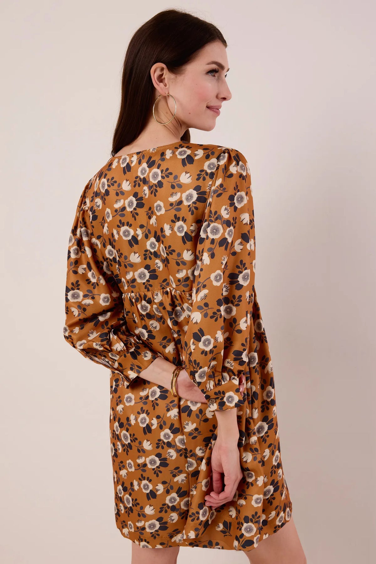 Rust Floral Susie Short Dress - Back View, gathered waist and puff sleeves, cute floral dress | Avara