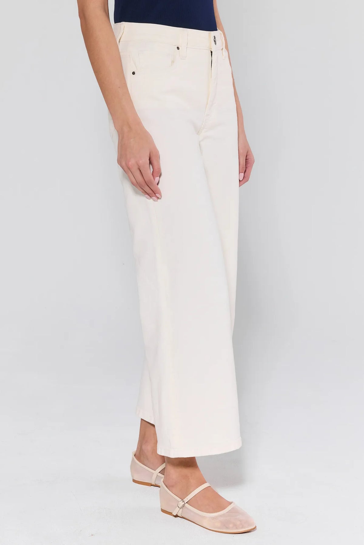 Meg Cream Wide Leg Jeans by KUT - Side View, High-Waist Structured Denim with Mary Jane Flats | Avara
