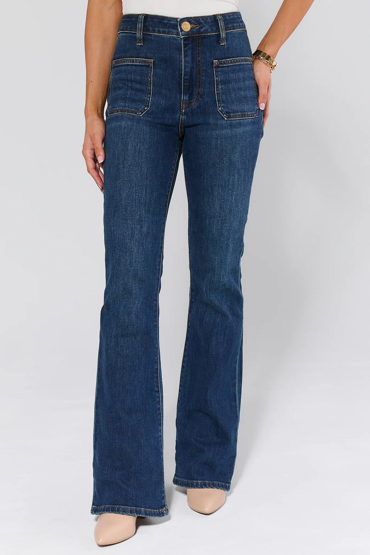 Ana High Rise Dark Wash Flare Jeans with patch pockets - Front View | Avara