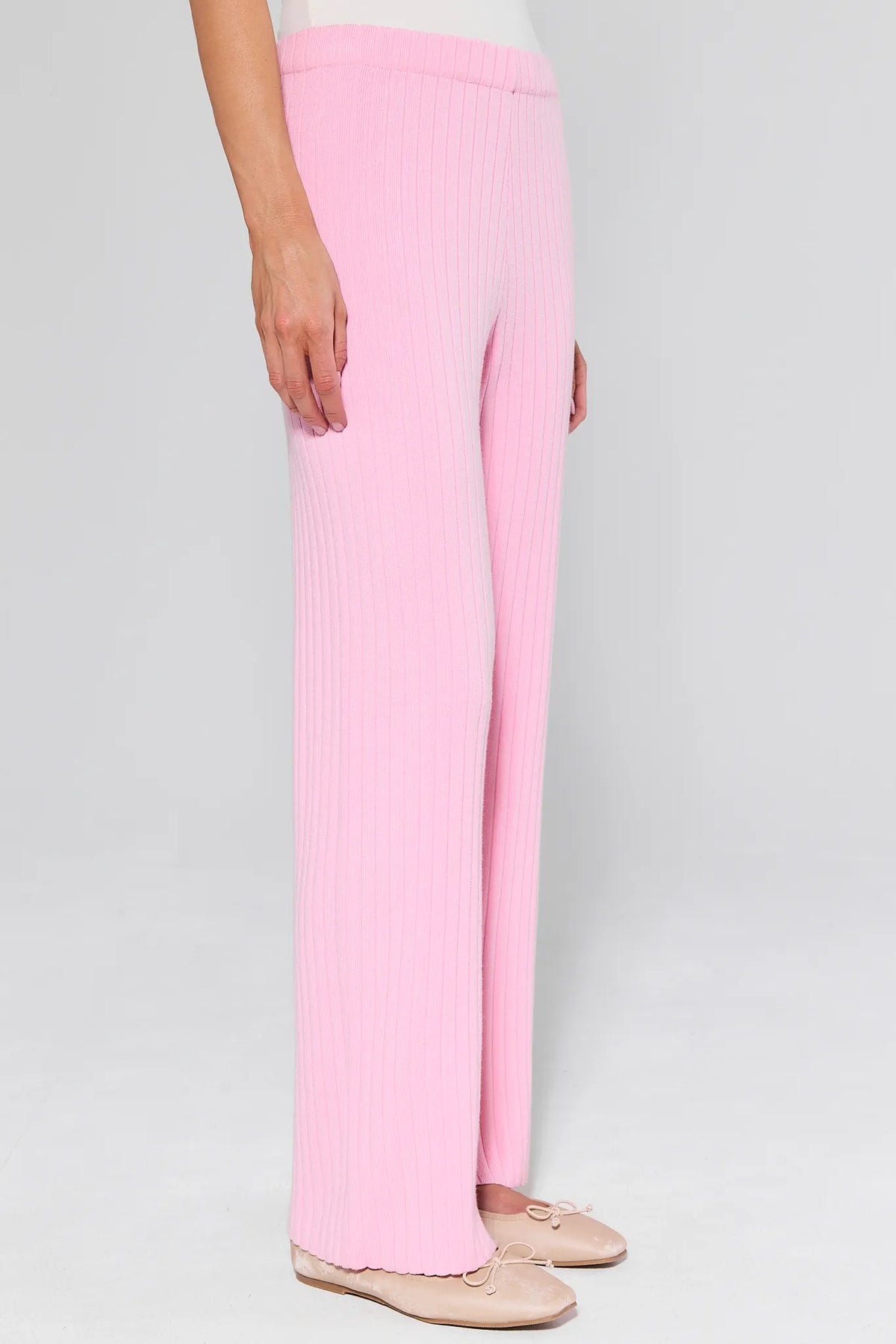 Brianna Pink Ribbed Knit Pants - Side View with Elastic Waistband Detail | Avara
