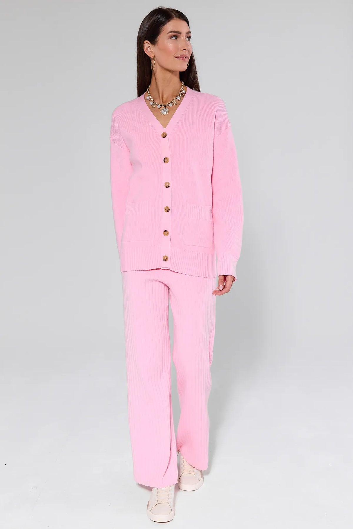 Brianna Pink Ribbed Knit Pants styled with matching cardigan - Full Length On Model | Avara
