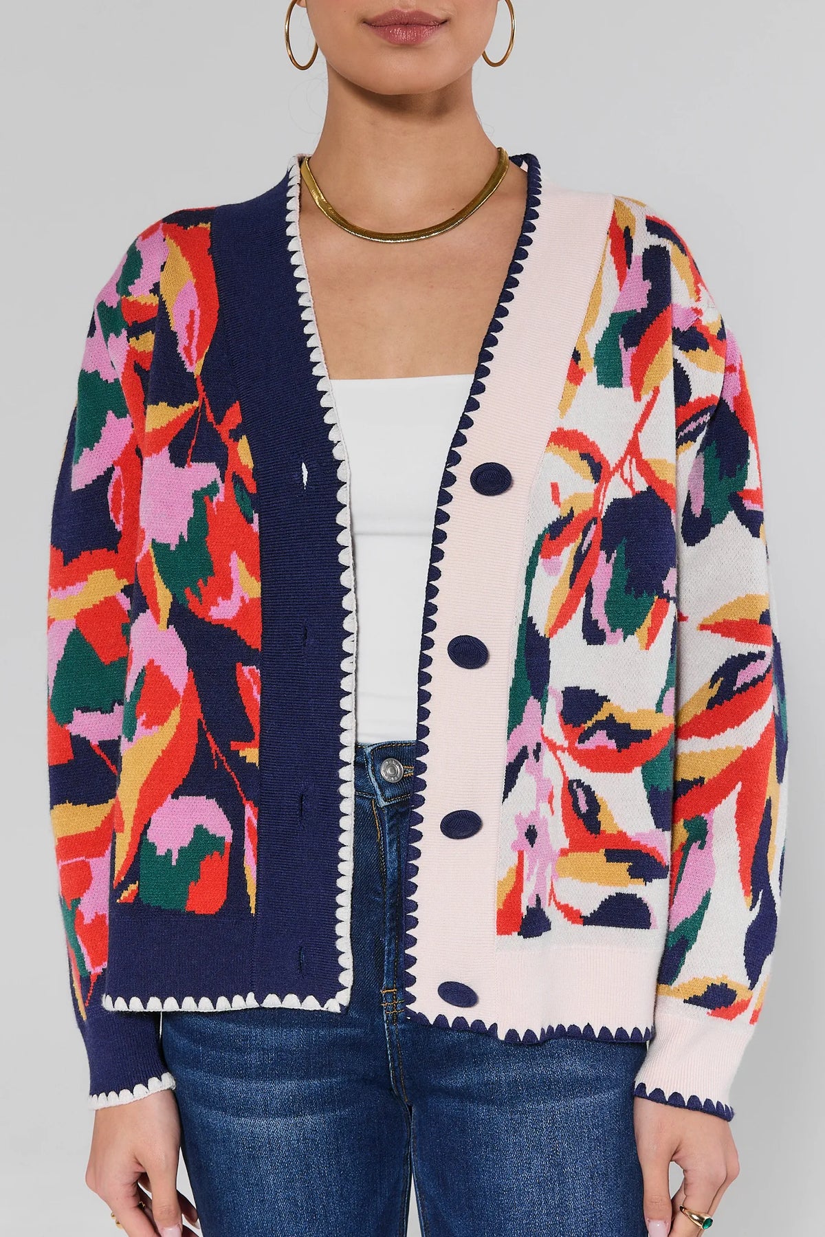Leslie Navy Floral Cardigan close-up showing bold patterned knit, navy buttons, scalloped white trim, and V-neckline - Detail View | Avara
