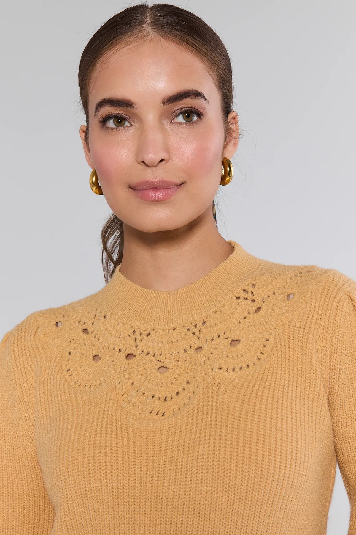 Yellow Dixie Knit Sweater close-up showing open-knit floral yoke detail and mock neckline | Avara