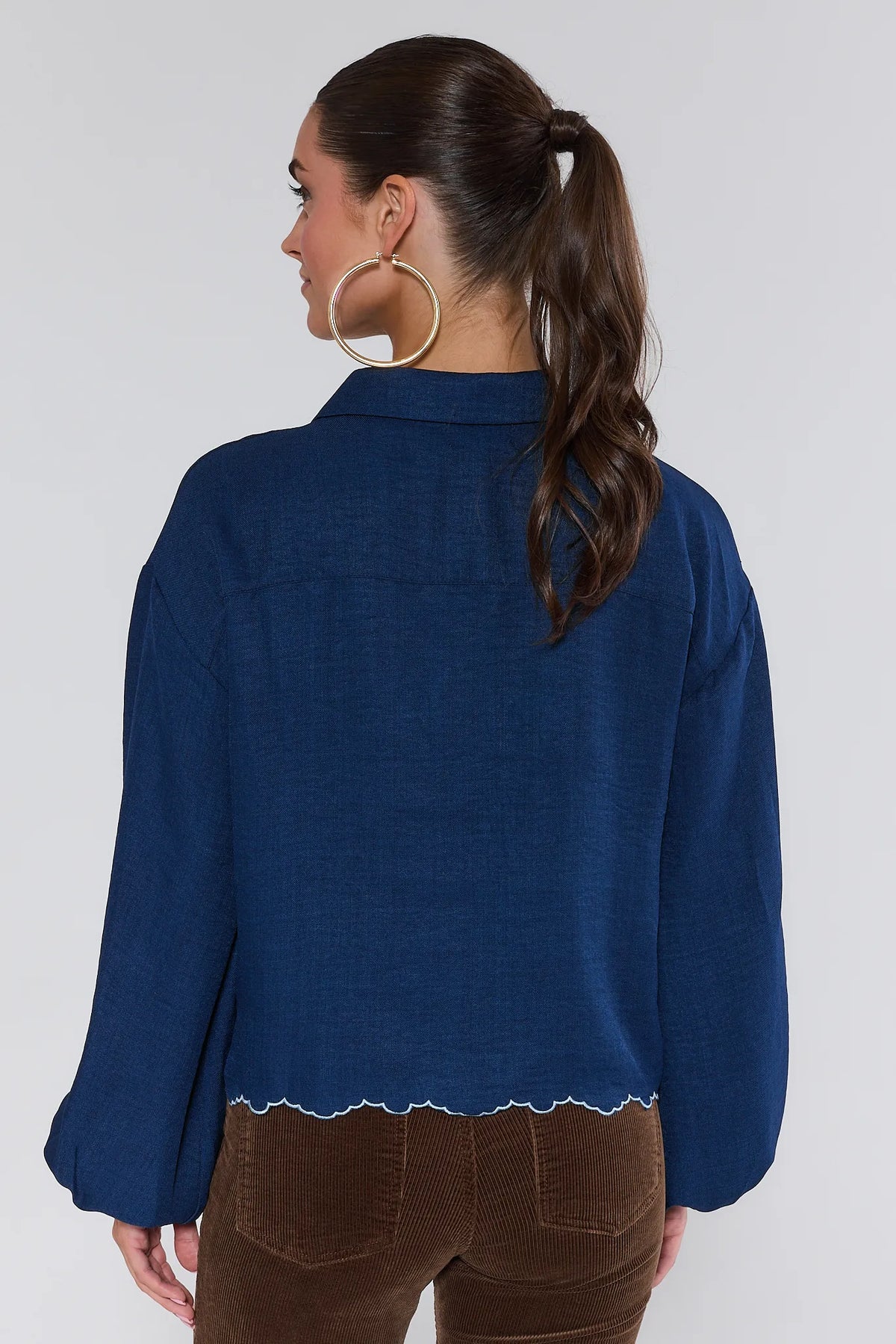 Navy Micah Embroidered Button Up Top with Scallop Hem - Back View On Model | Avara