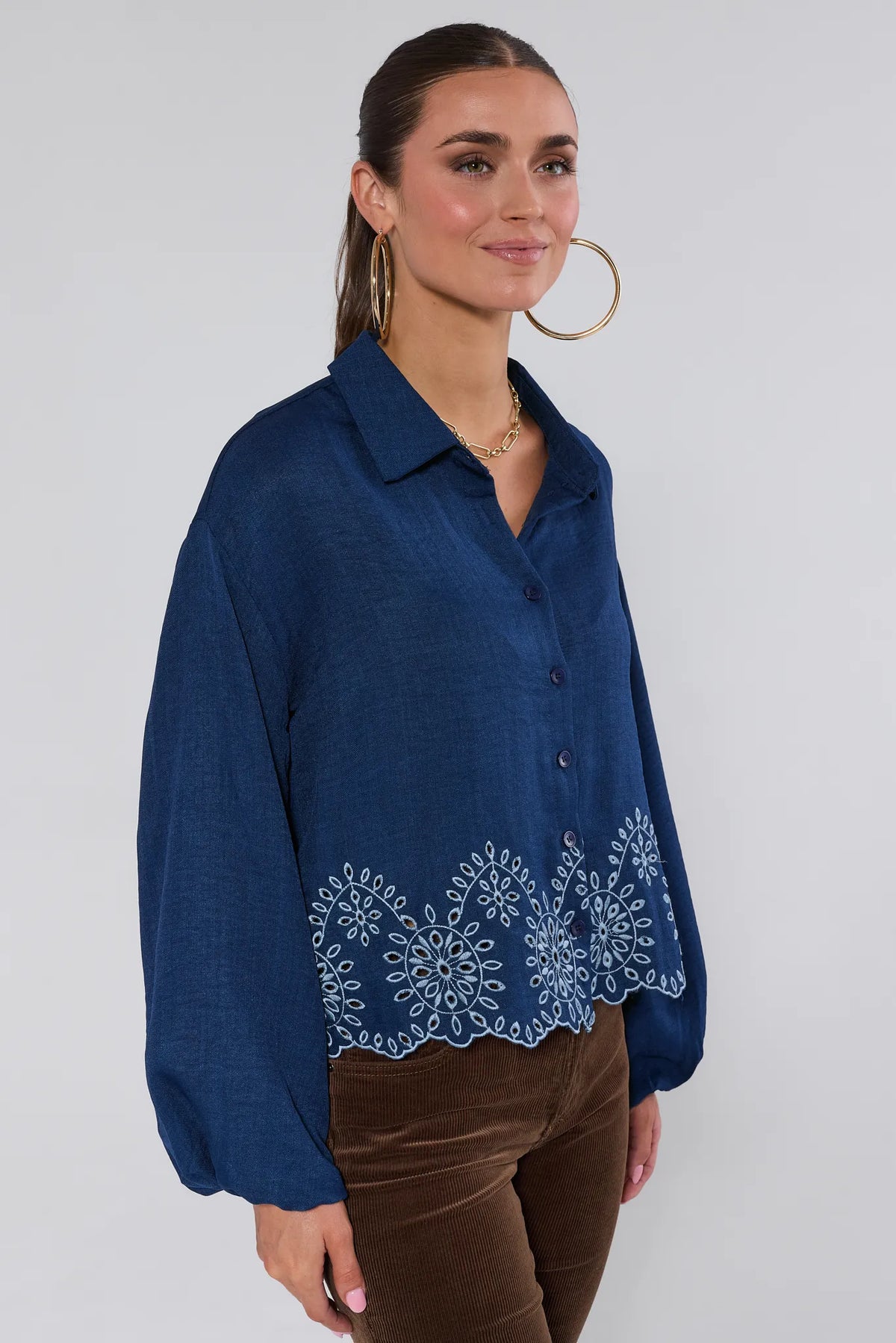 Navy Blue Micah Embroidered Button Up Top - Side View On Model | Avara
