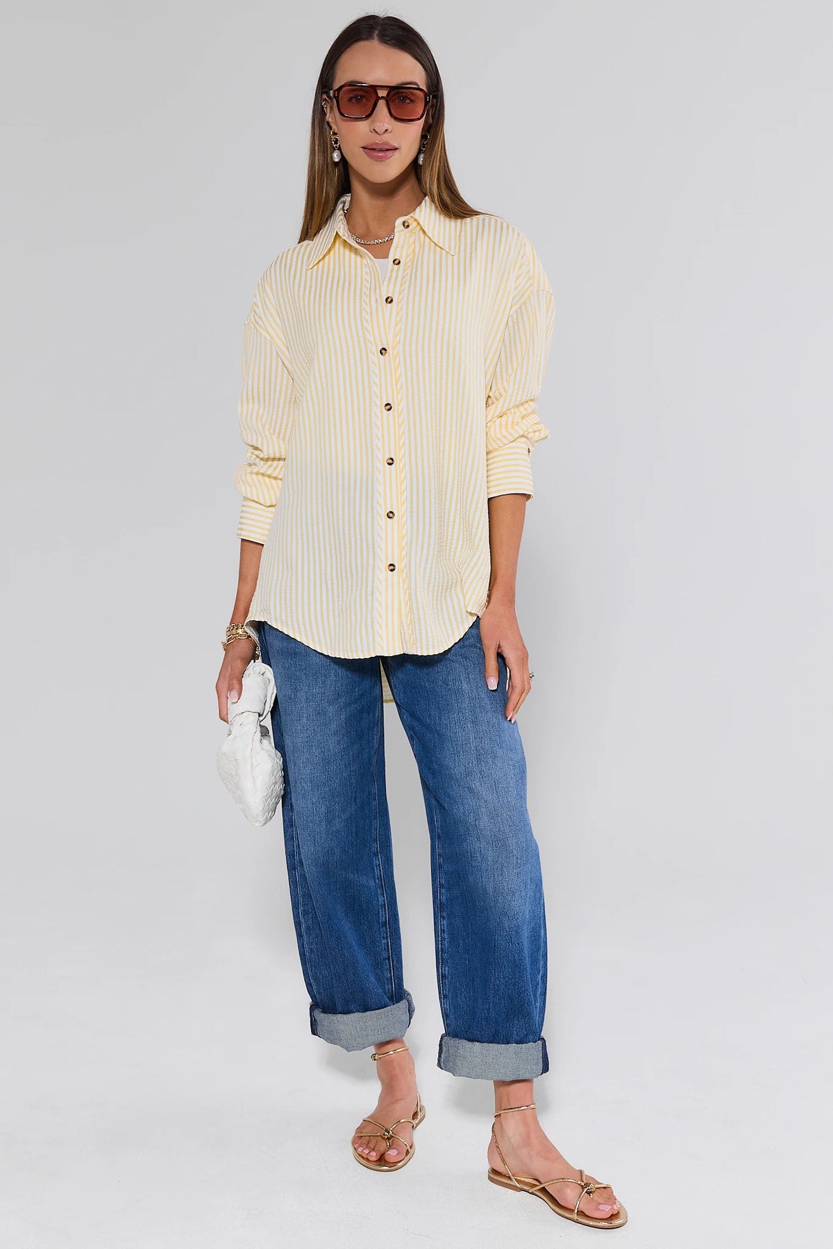 Rolla's Gigi Dark Wash Barrel Jeans Styled with Yellow Striped Shirt - Full Look | Avara