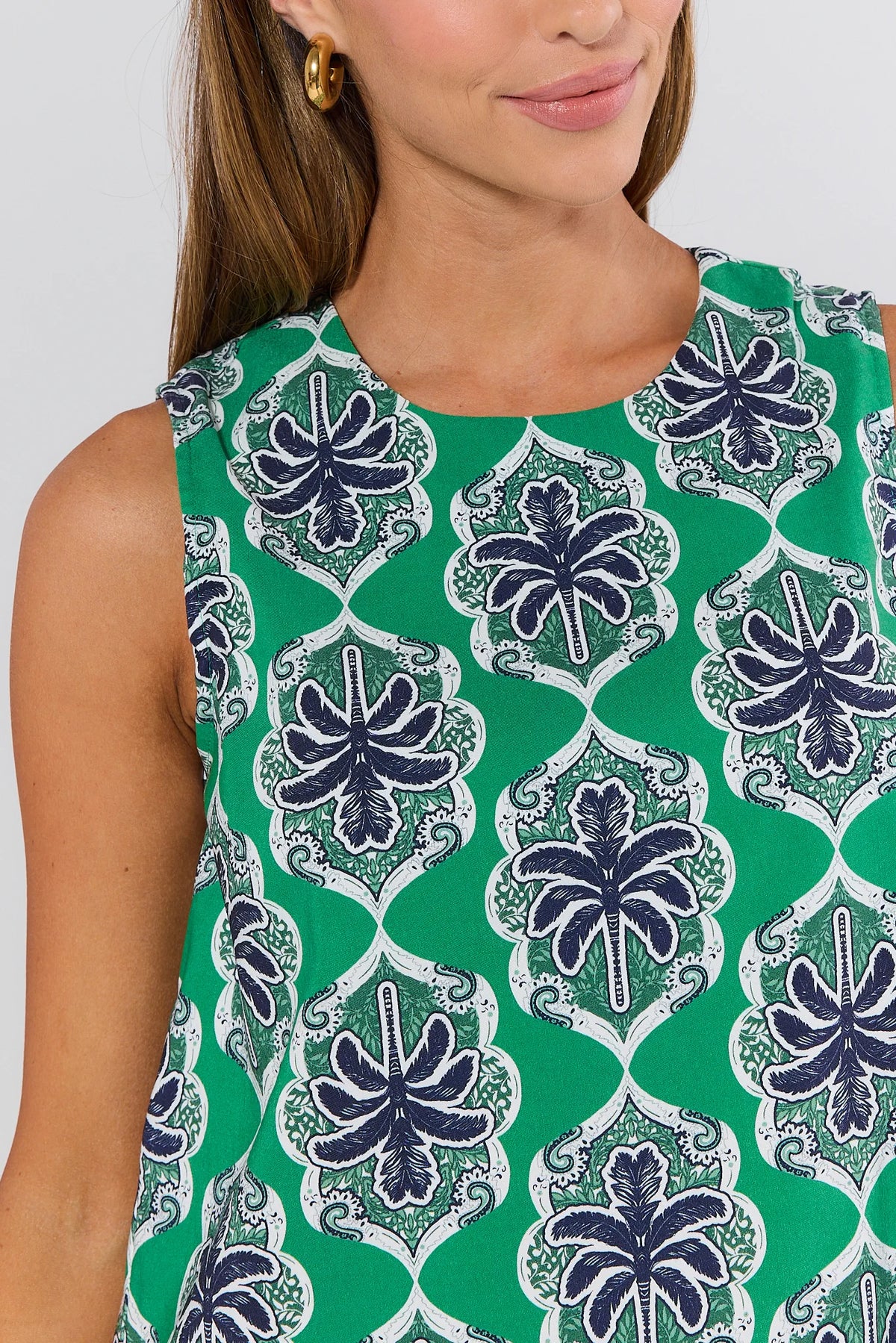 Green Patterned Tank Top Close-Up Neckline Detail - Goldie Green Printed Tank Top | Avara