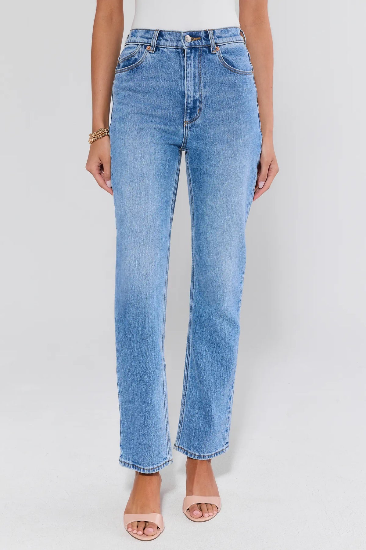 Rolla's Lou Light Wash Straight Leg Jeans, high-rise front view on model with nude heeled sandals | Avara