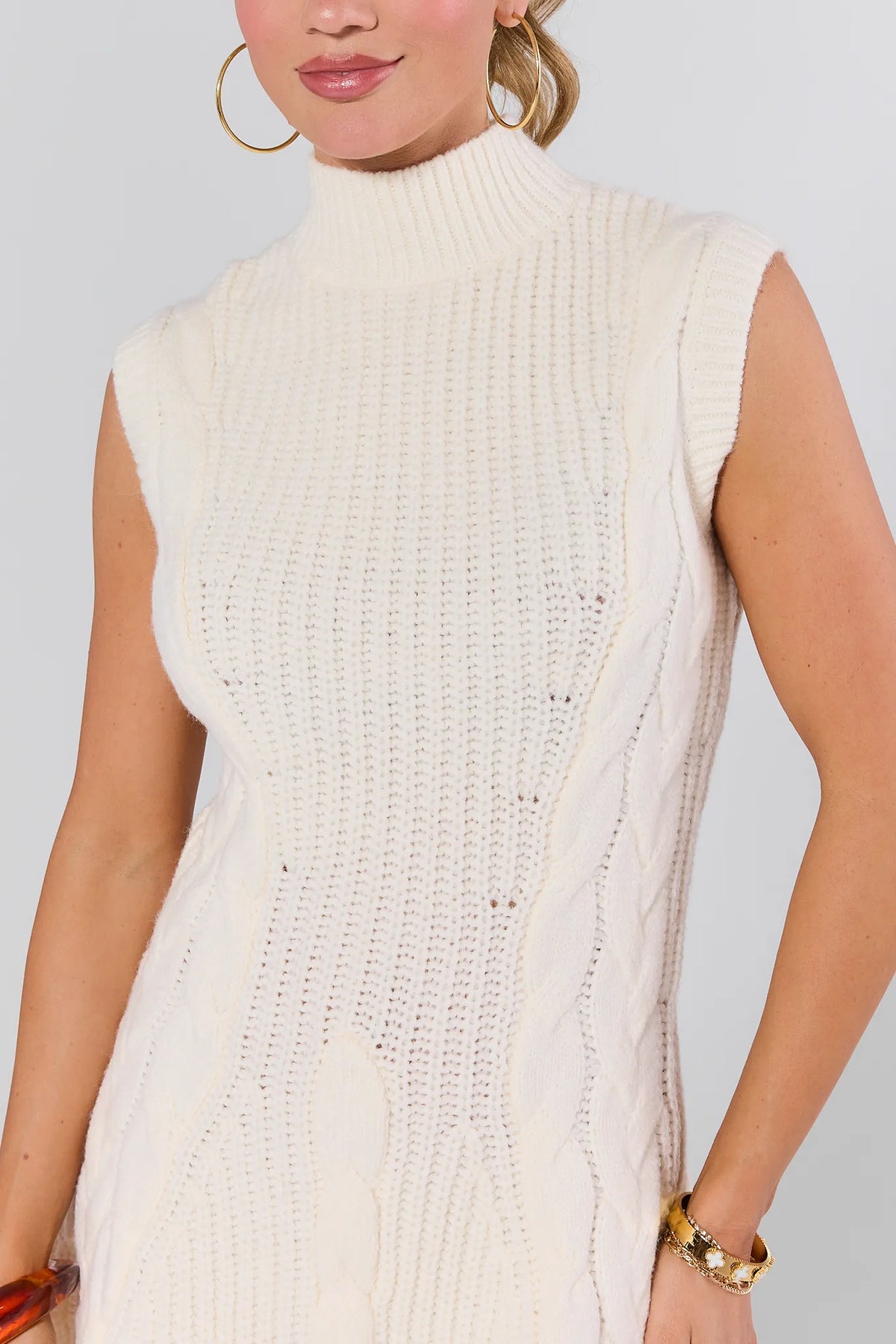 Ivory Mila Knit Sweater Dress - Mock Neck & Cable-Knit Texture Close-Up | Avara