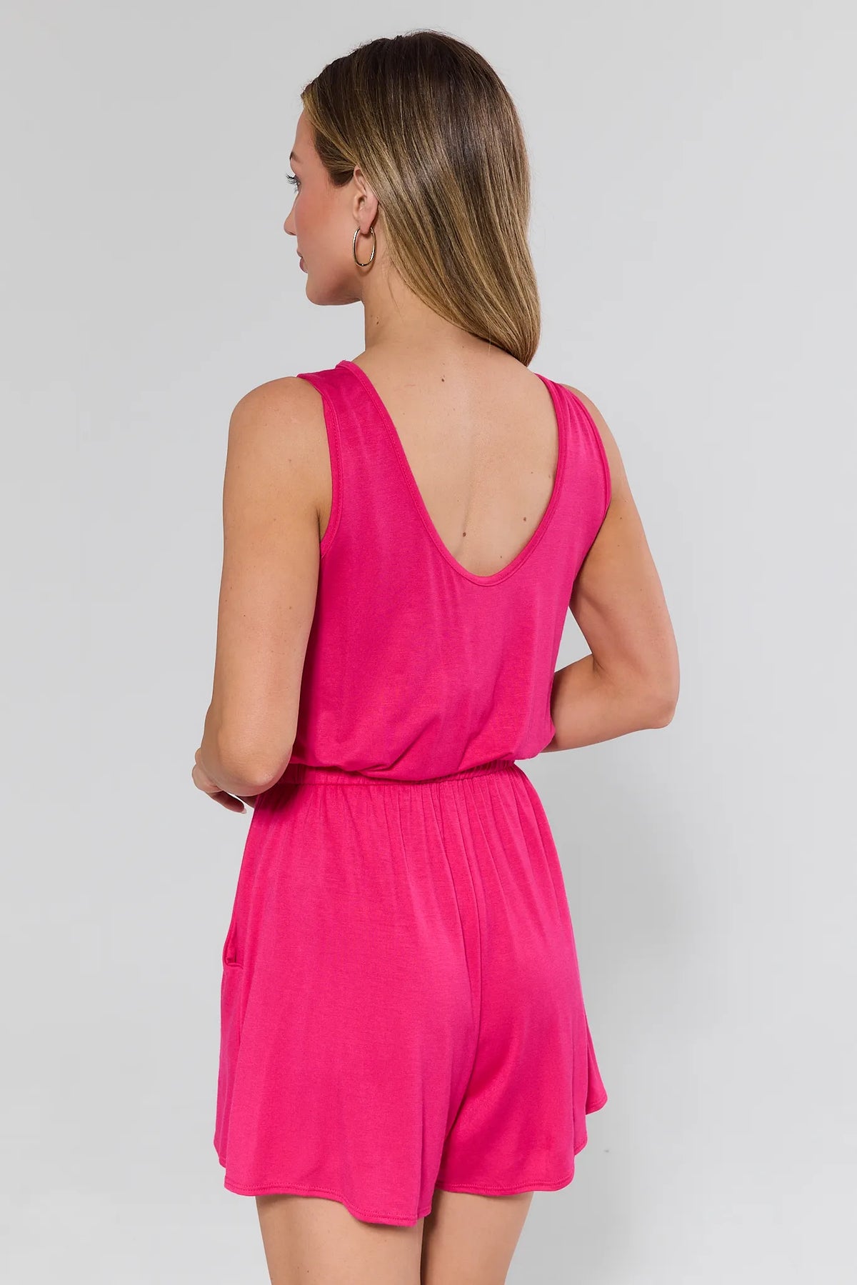 Heidi Pink Drawstring Romper - Back View, Scoop Back Detail & Side Pockets | Avara