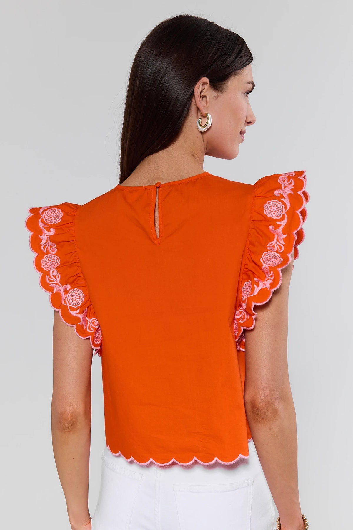 Bradley Orange Embroidered Top by THML with scalloped hem and pink embroidery - Back View | Avara