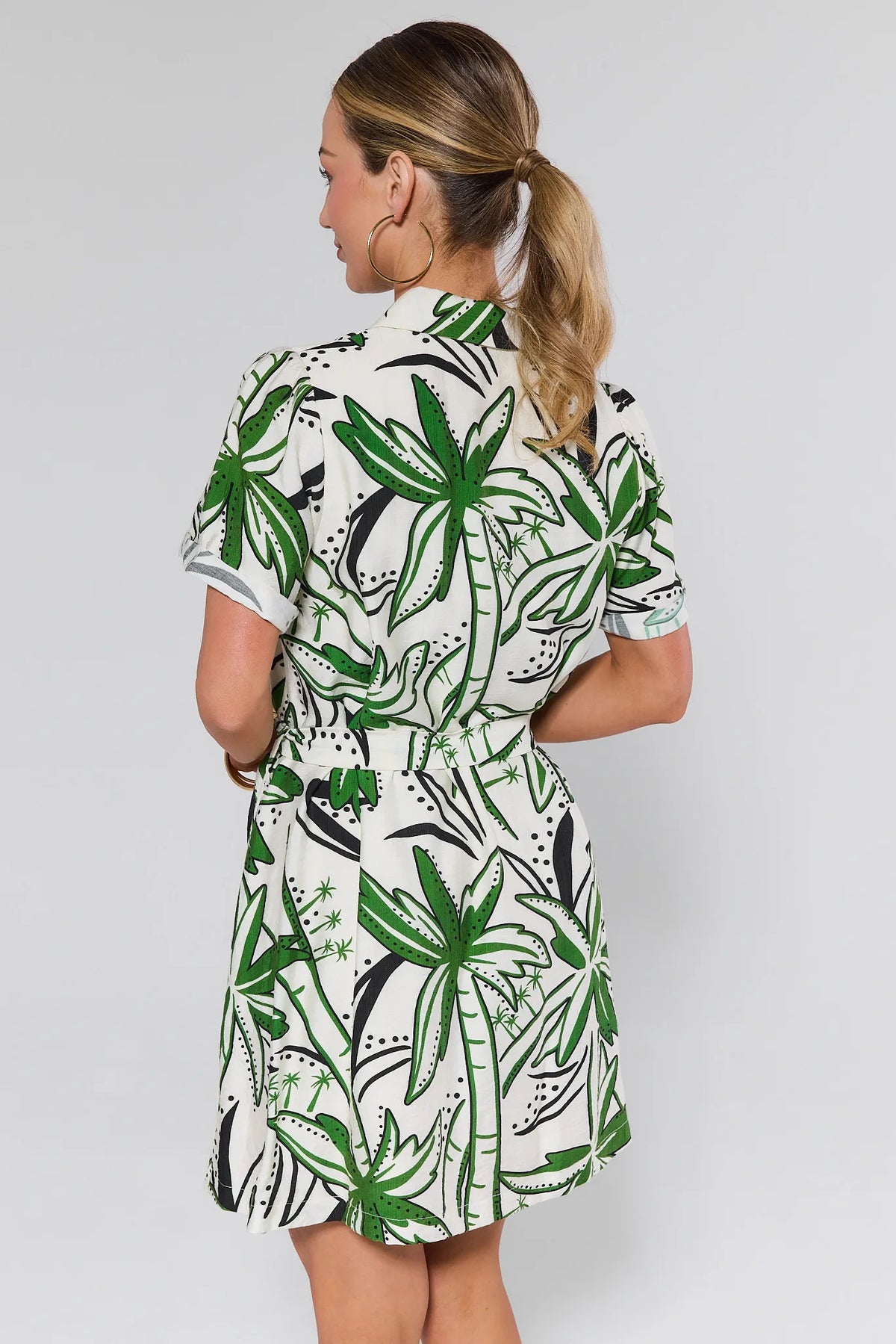 Portia Green Printed Short Dress - Back View Showing A-Line Silhouette | Avara