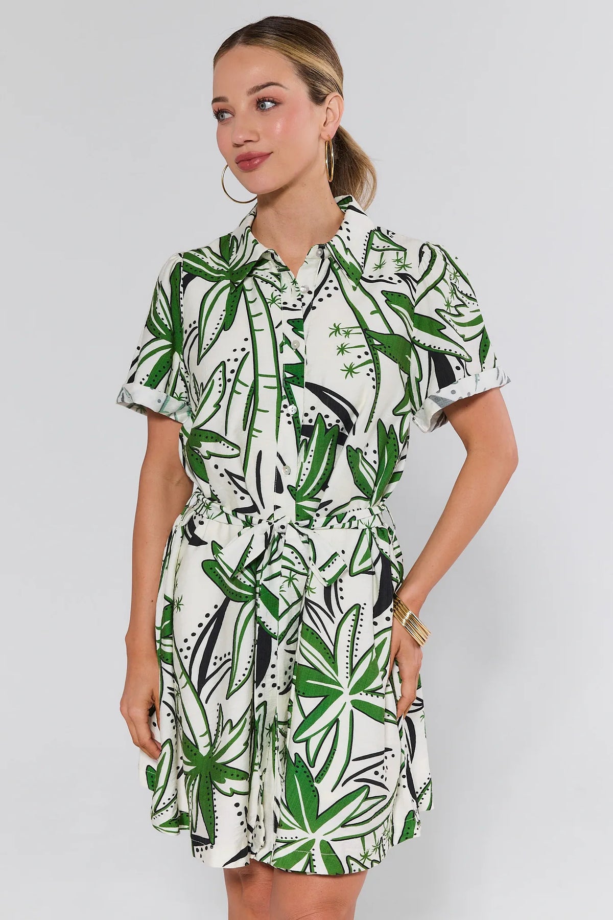 Portia Green Palm Print Short Dress - Front 3/4 View, A-Line Shirtdress | Avara