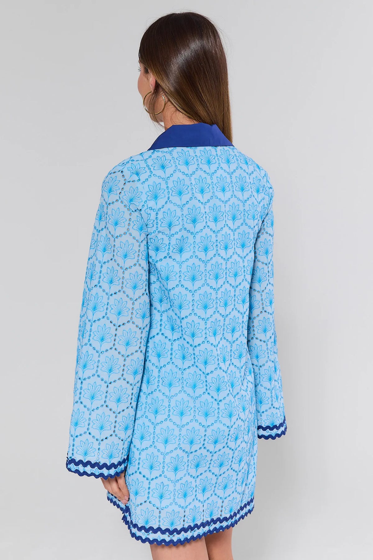 Cove Blue Embroidered Tunic Dress with Navy Ric-Rac Trim - Back View On Model | Avara
