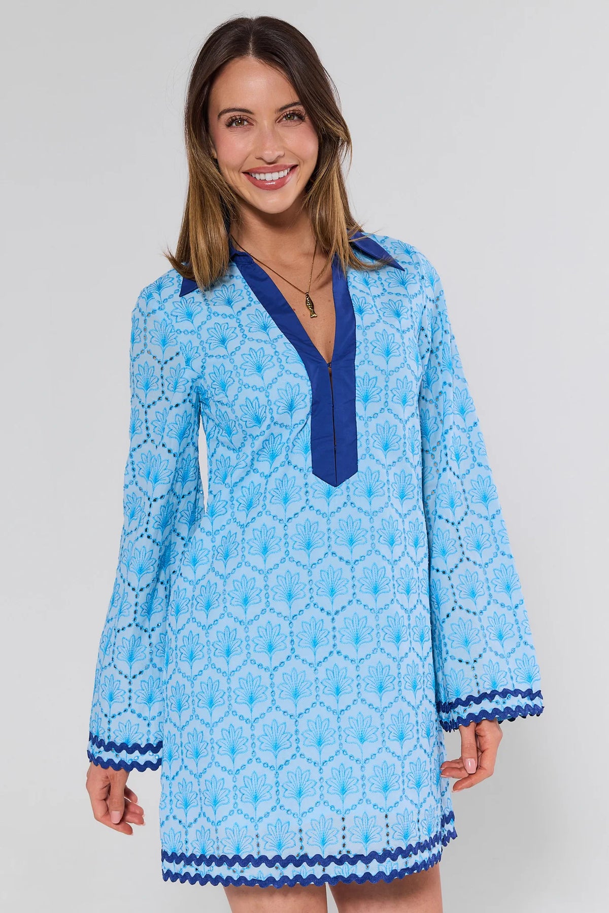 Cove Blue Embroidered Tunic Dress with Bell Sleeves - Front View On Model | Avara