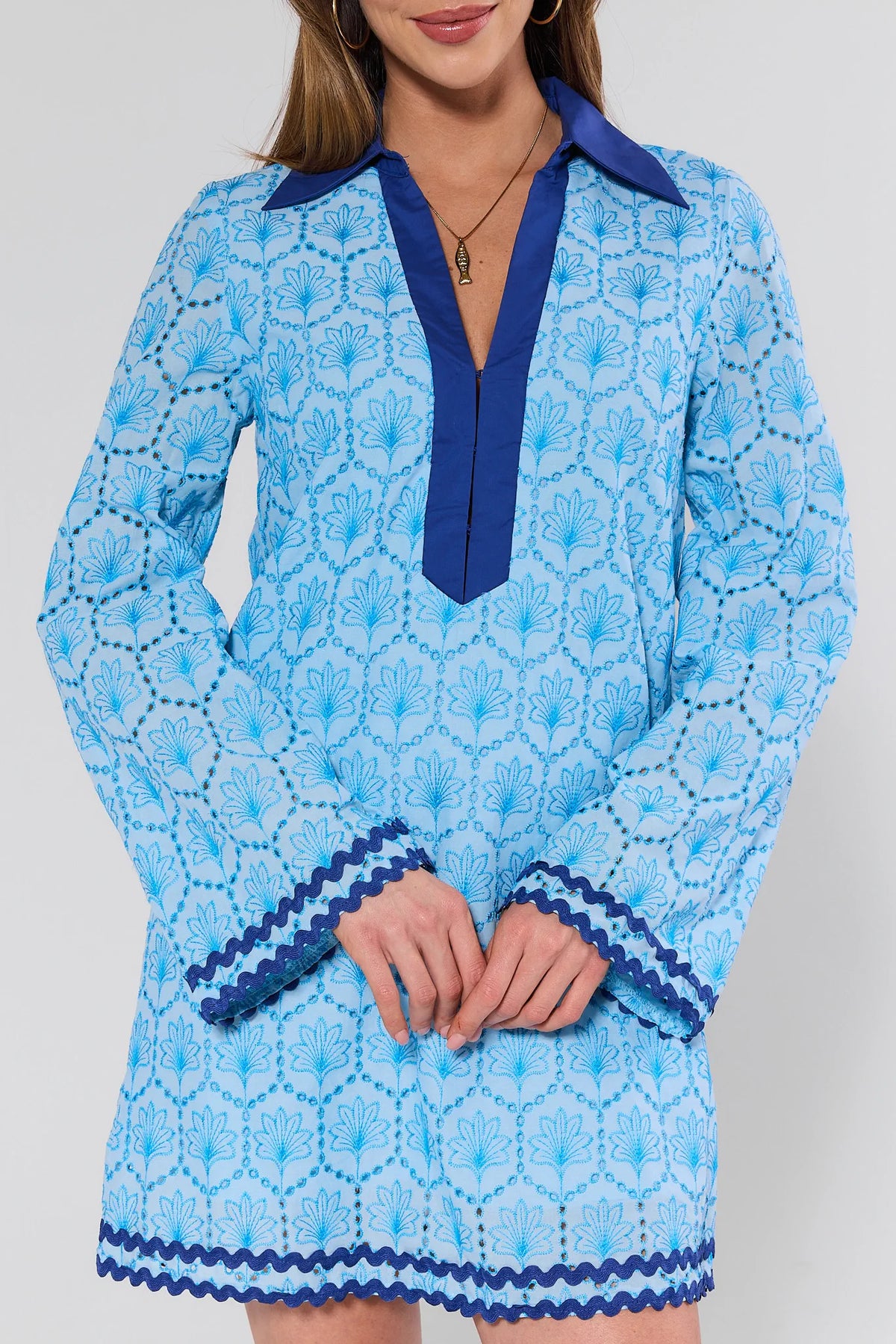 Blue Embroidered Tunic Dress with Navy Collar and Ric-Rac Trim - Front Detail Close-Up | Avara