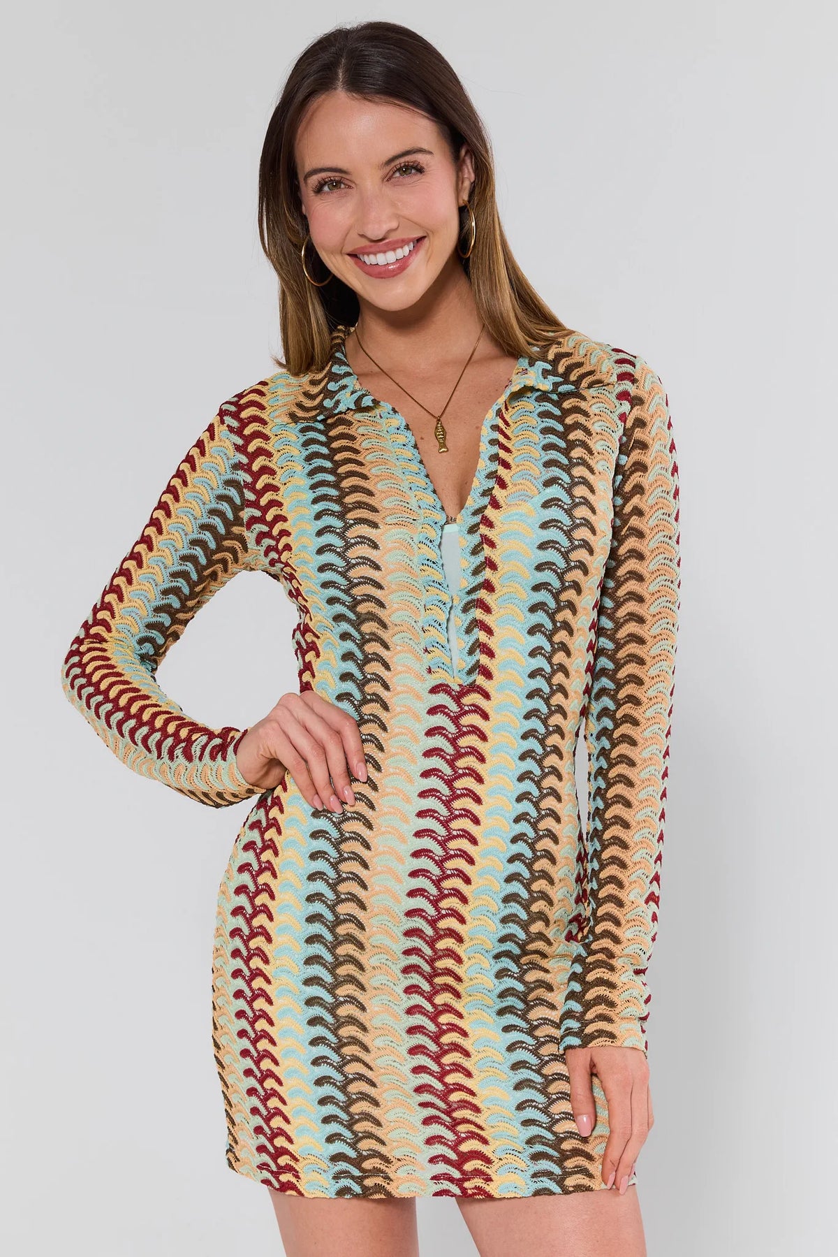 Molly Multicolor Crochet Mini Dress - Front View with Gold Fish Necklace | Avara