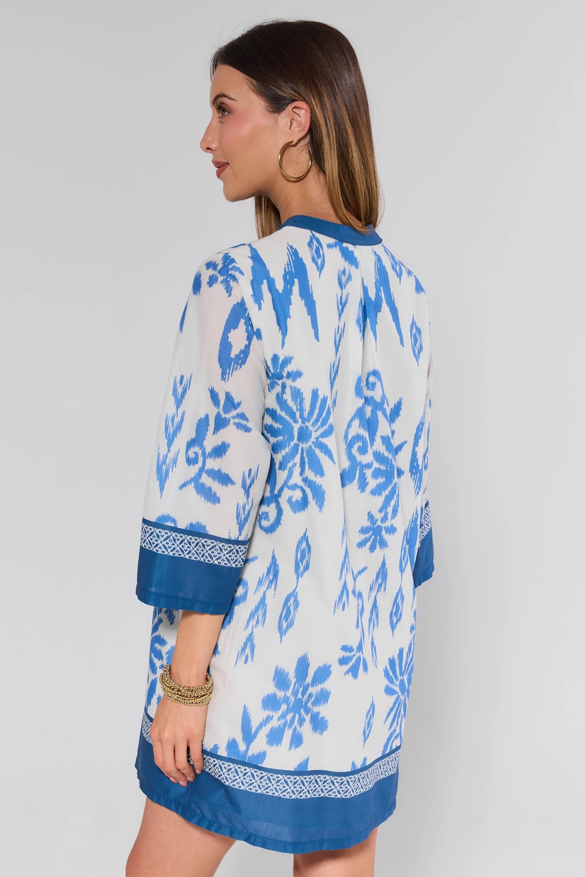 Priscilla Blue Printed Tunic Dress blue ikat floral shift dress with border trim - Back View | Avara