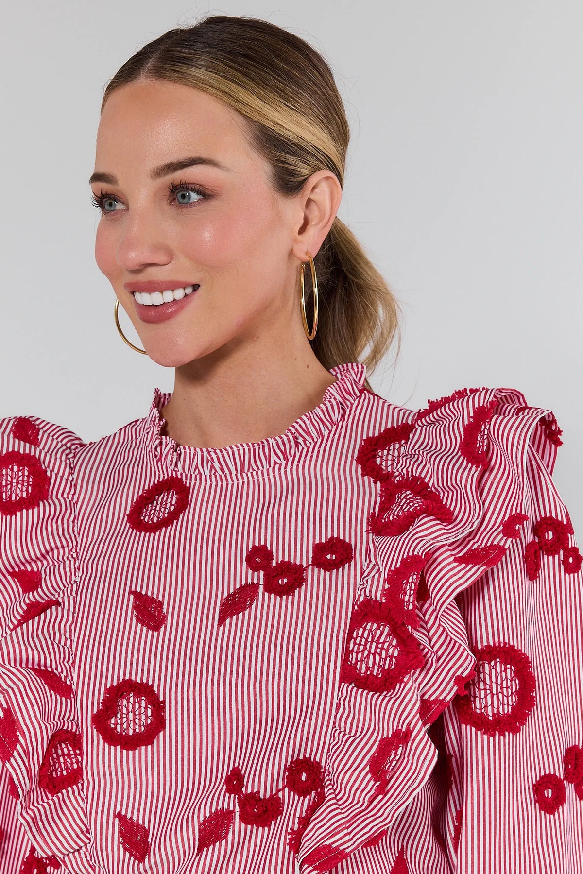 Red floral ruffle top with embroidered stripe print - Neckline Detail On Model | Avara