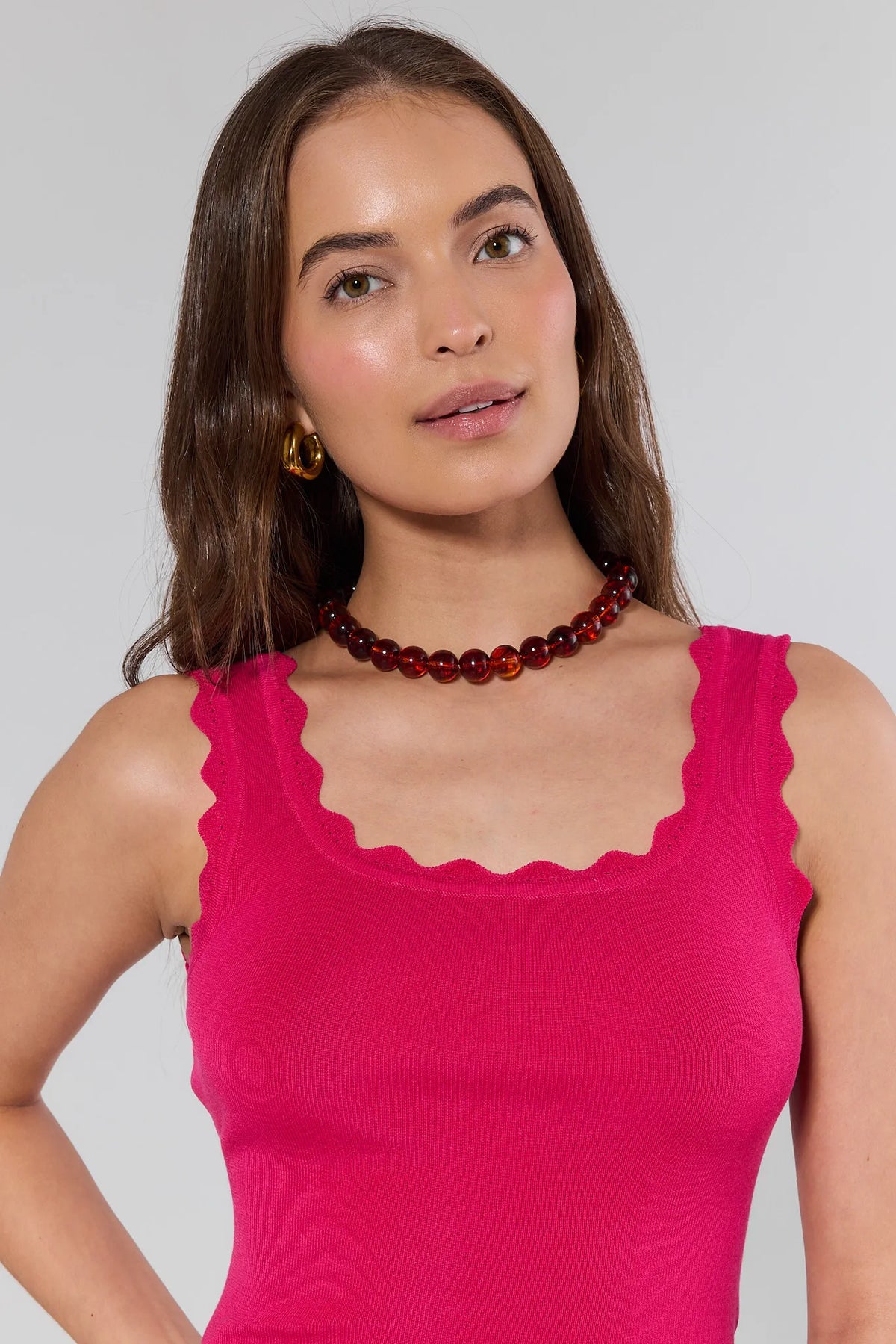 Pink ribbed scalloped neckline tank top close-up detail - cute tops for women | Avara