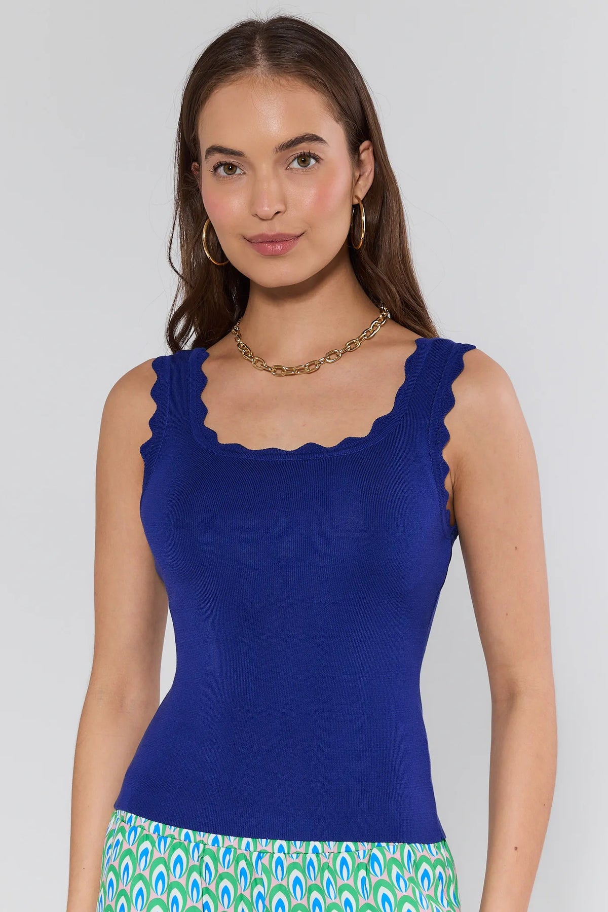 Blue Ribbed-Knit Scalloped Tank Top - Front View On Model | Avara