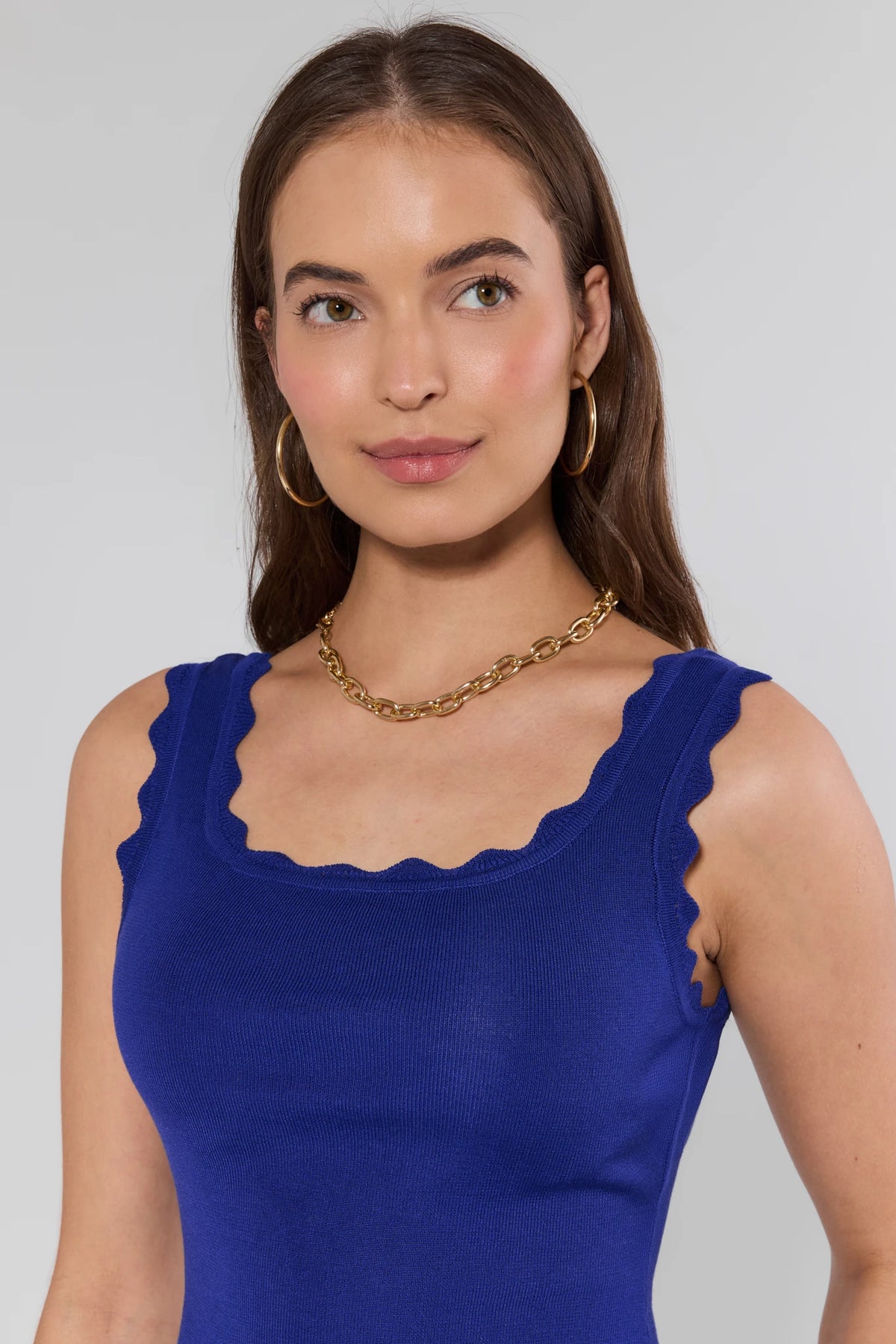 Blue Scalloped Tank Top - Neckline Detail Close-Up On Model | Avara