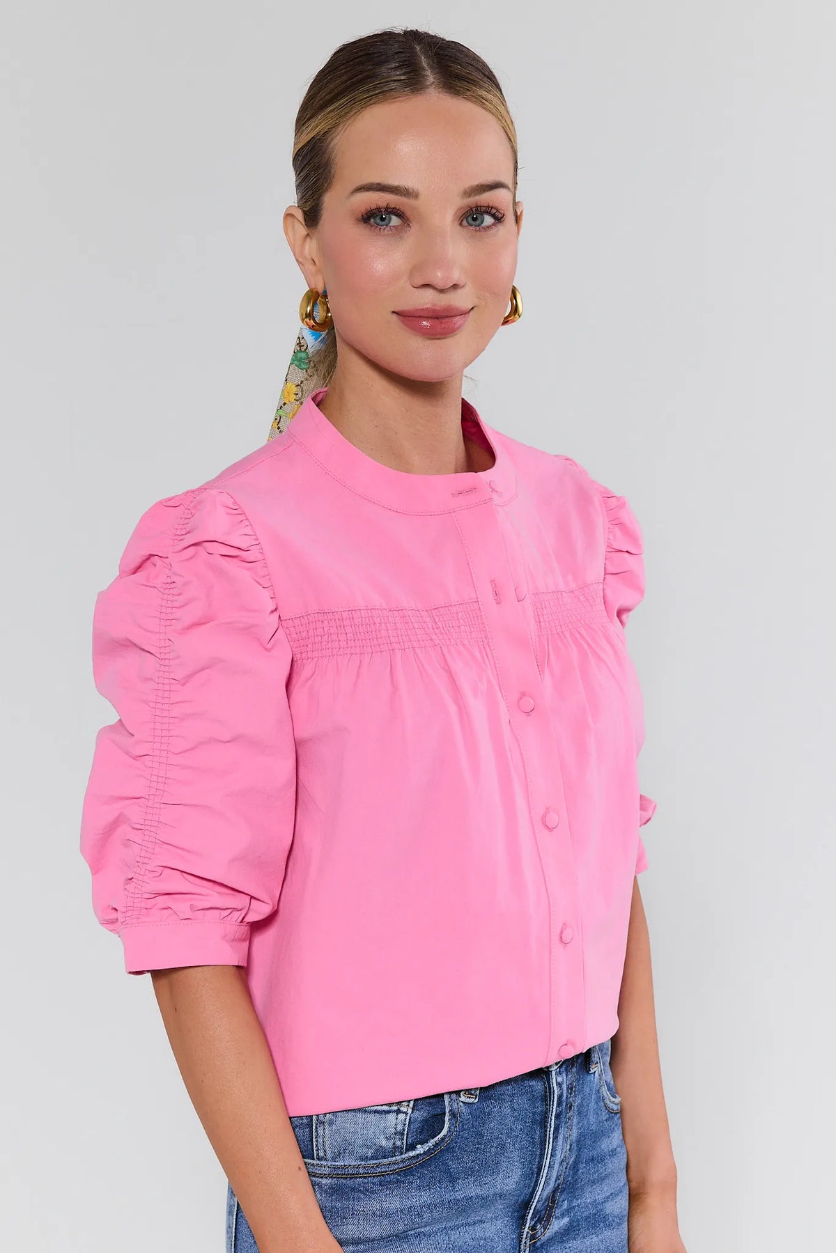 Maya Pink puff sleeve button up top with smocked detail - Side Angle Close-Up | Avara