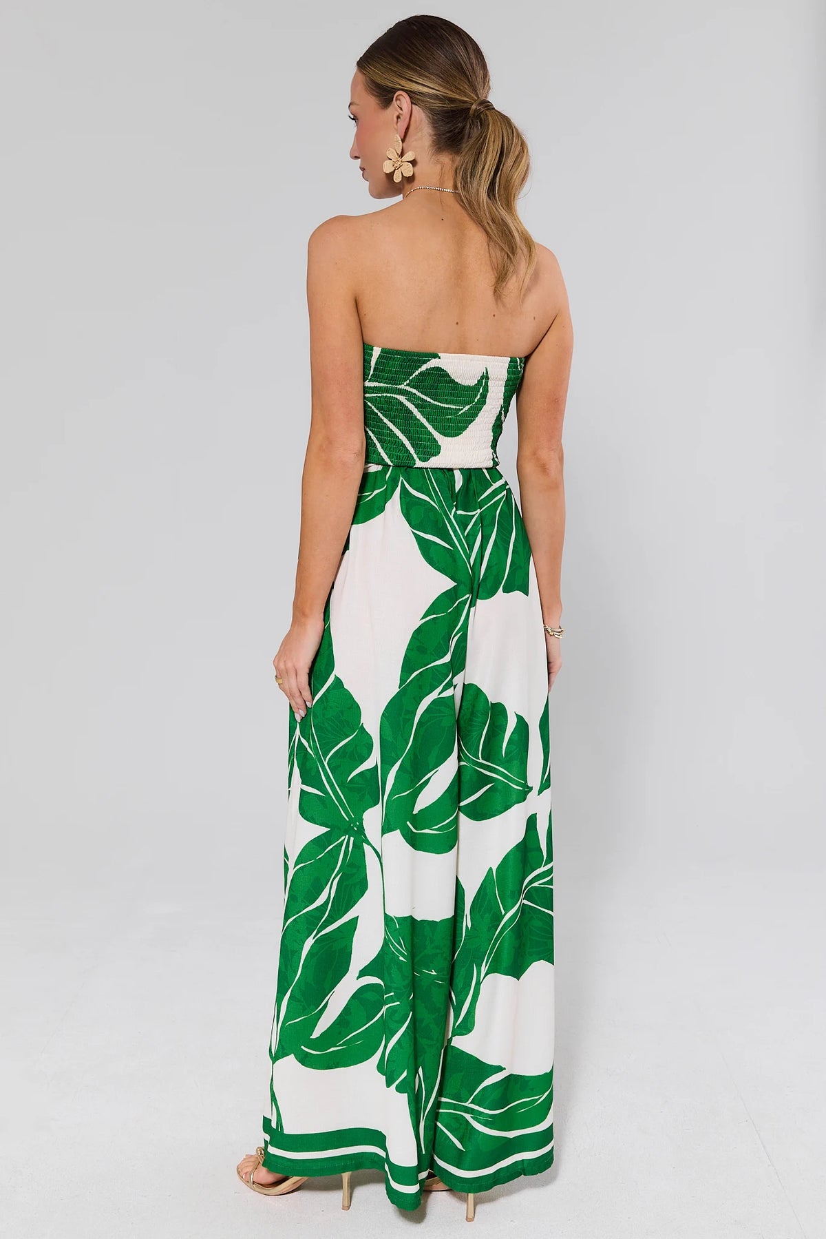 Green palm print strapless jumpsuit smocked back detail wide-leg - Back View | Avara