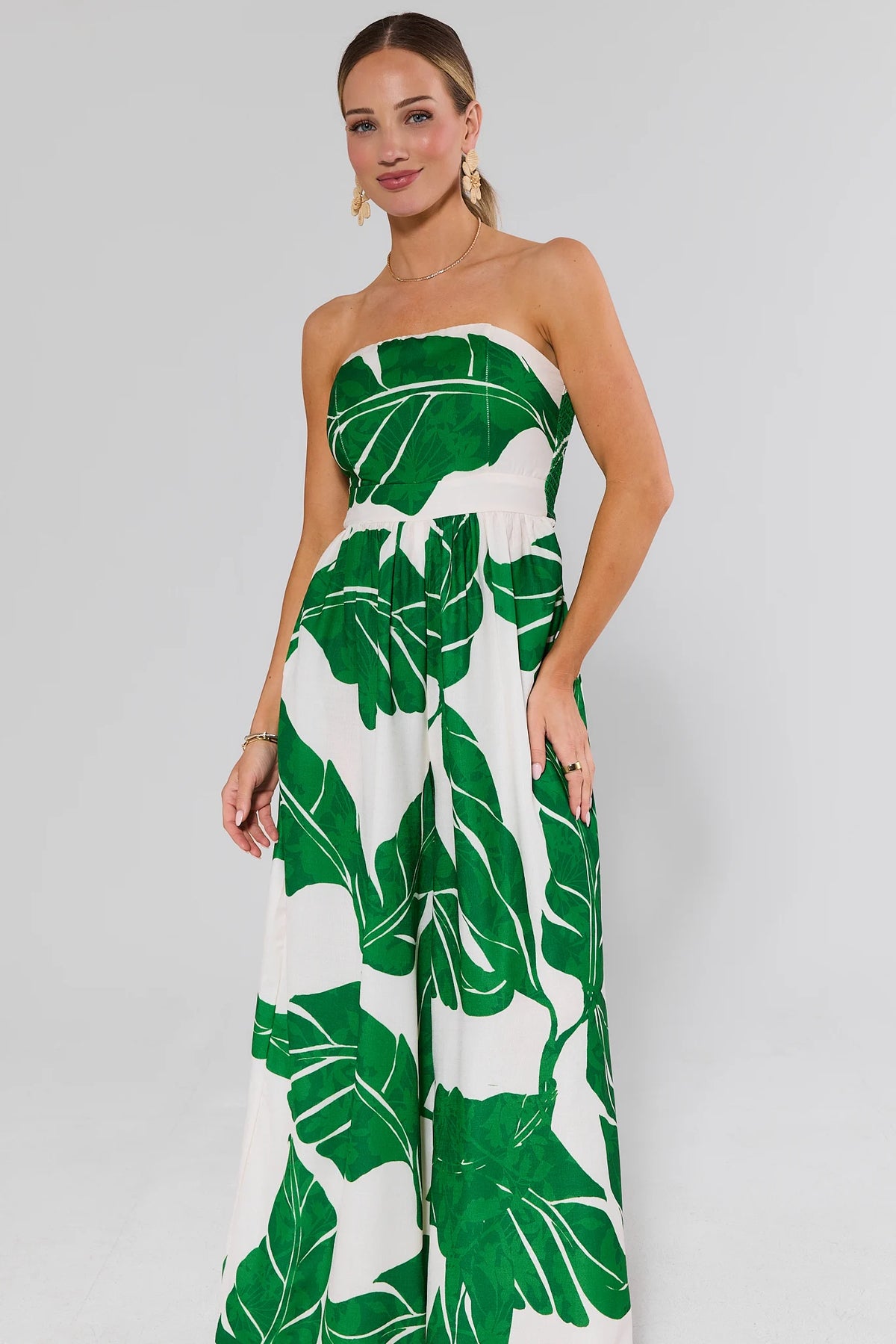 Green palm print strapless jumpsuit wide-leg silhouette - 3/4 Front View | Avara